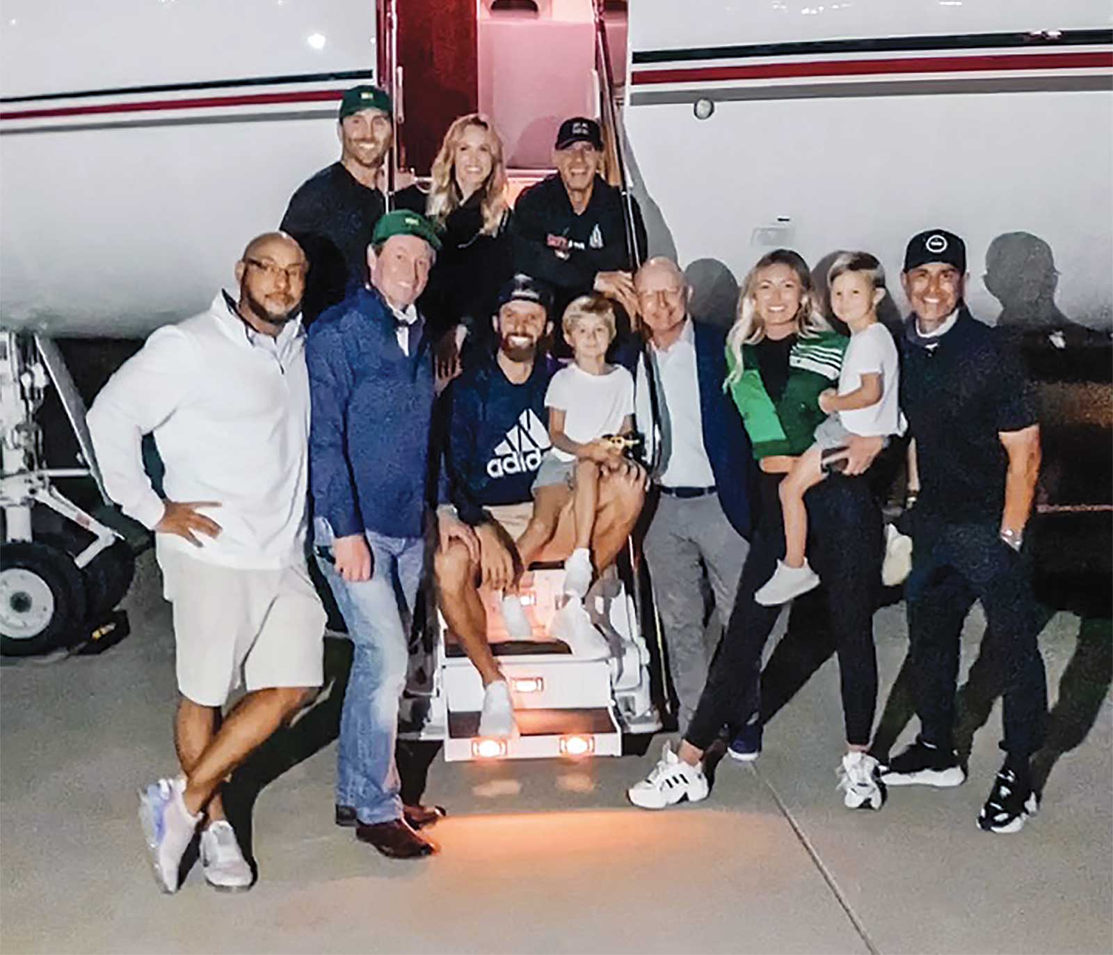 Team DJ beamed after the big man&rsquo;s 2020 Masters win. The posse included (clockwise from top left) Johnson&rsquo;s brother and caddie, Austin; Janet Gretzky; trainer Joey Diovisalvi; coach Claude Harmon III; Paulina and son River; agent David Winkle; Johnson and son Tatum; Wayne Gretzky; and personal chef Michael Parks.
