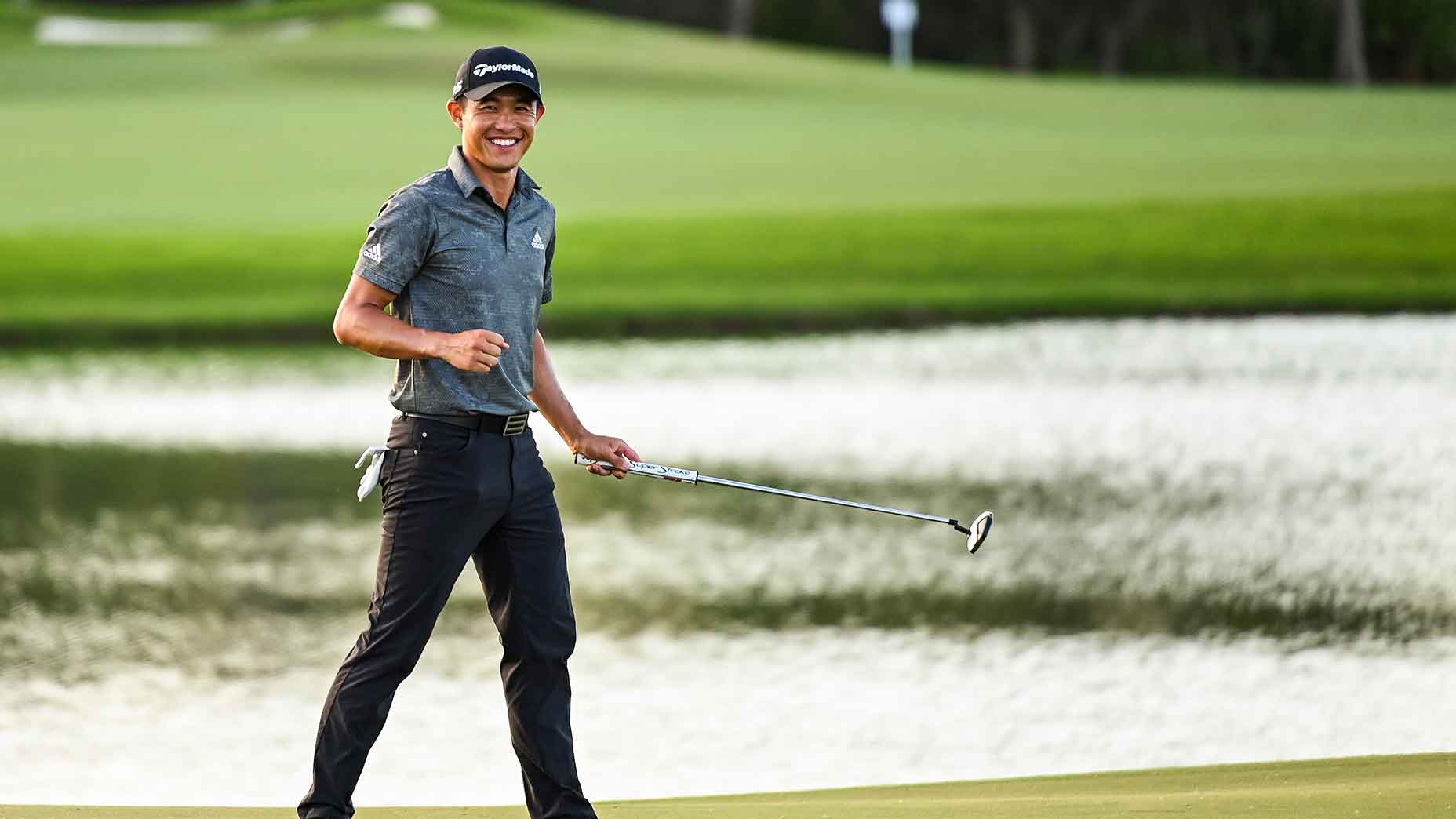 collin morikawa smiles and fist pumps concession