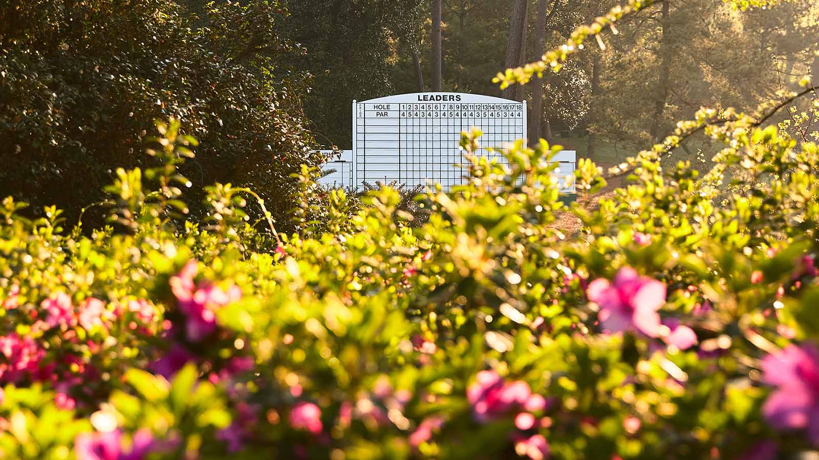 A leaderboard at the 2021 Masters.