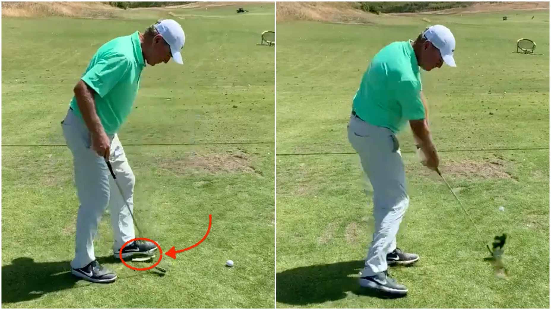 Golf instructor demonstrates dollar bill drill
