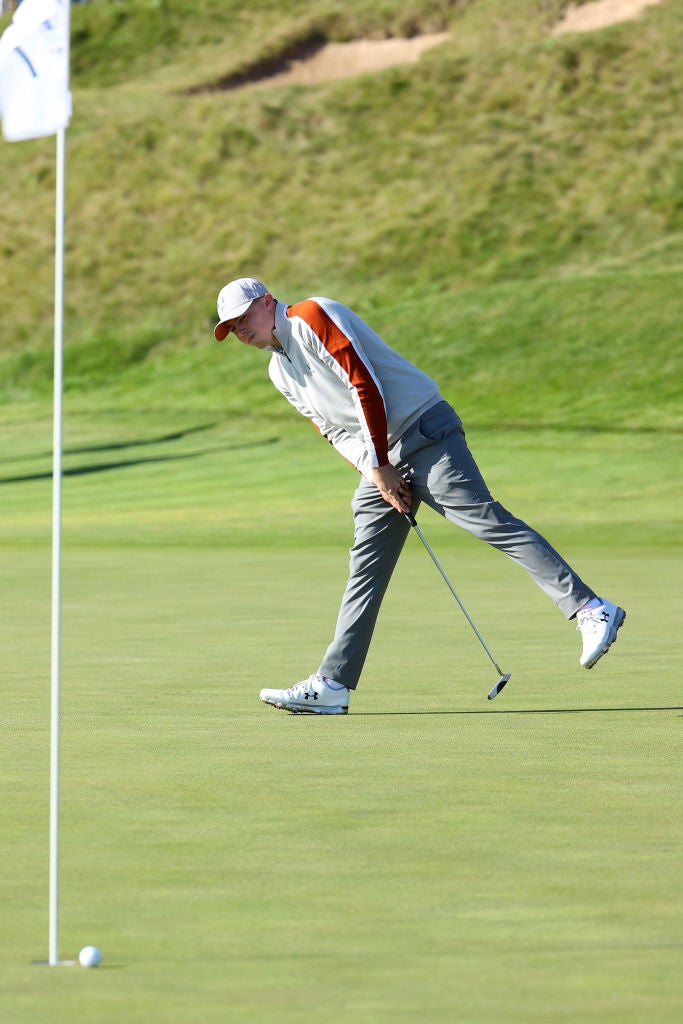 KOHLER, WISCONSIN - SEPTEMBER 25: Matthew Fitzpatrick of England and team Europe reacts after missing a putt on the seventh green during Saturday Morning Foursome Matches of the 43rd Ryder Cup at Whistling Straits on September 25, 2021 in Kohler, Wisconsin. (Photo by Andrew Redington/Getty Images)