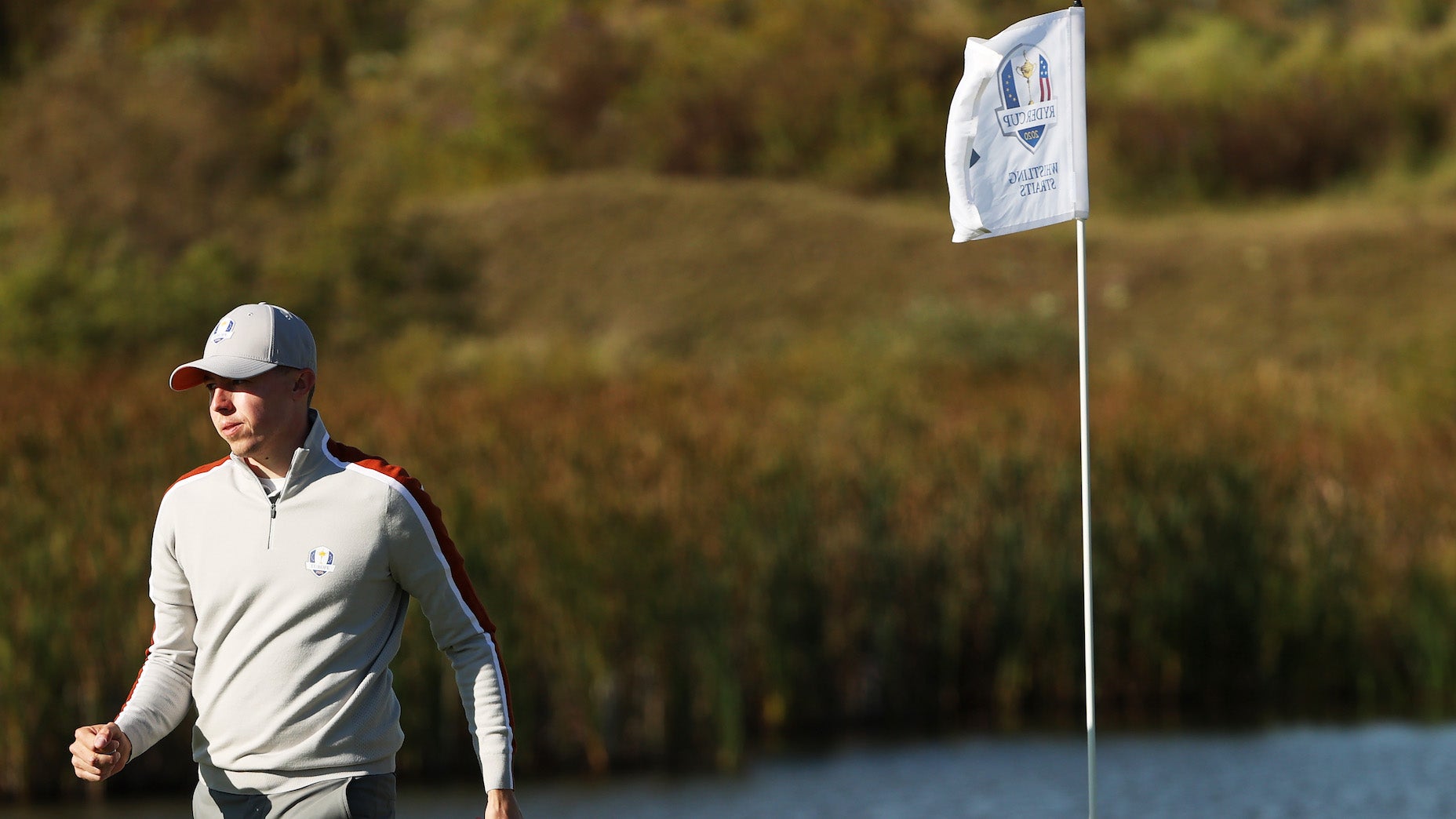 KOHLER, WISCONSIN - SEPTEMBER 25: Matthew Fitzpatrick of England and team Europe celebrates during Saturday Morning Foursome Matches of the 43rd Ryder Cup at Whistling Straits on September 25, 2021 in Kohler, Wisconsin. (Photo by Patrick Smith/Getty Images)