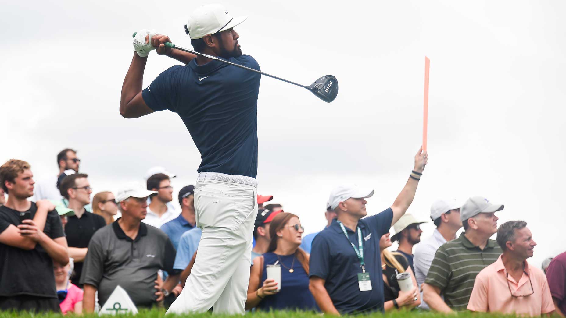 Tony Finau hits tee shot at 2021 Northern Trust at Liberty National