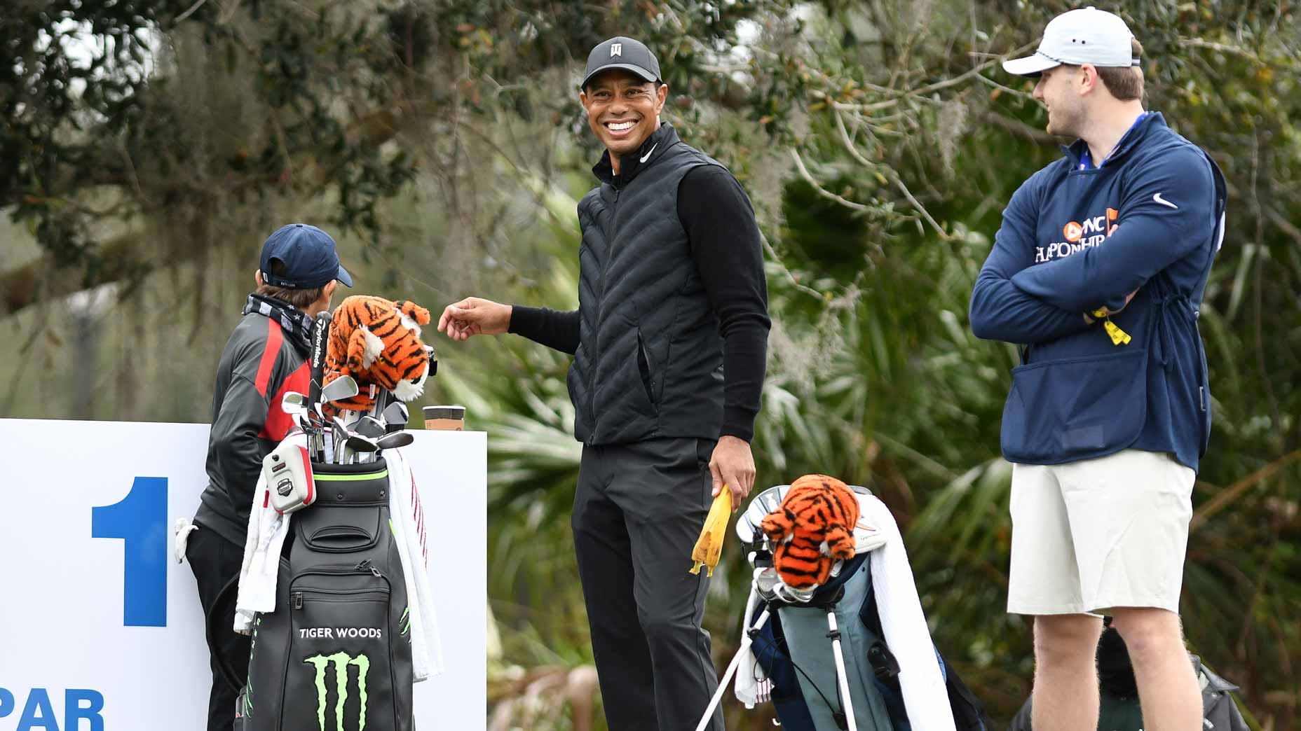 Tiger Woods and Charlie Woods on tee at 2020 PNC Championship Pro Am