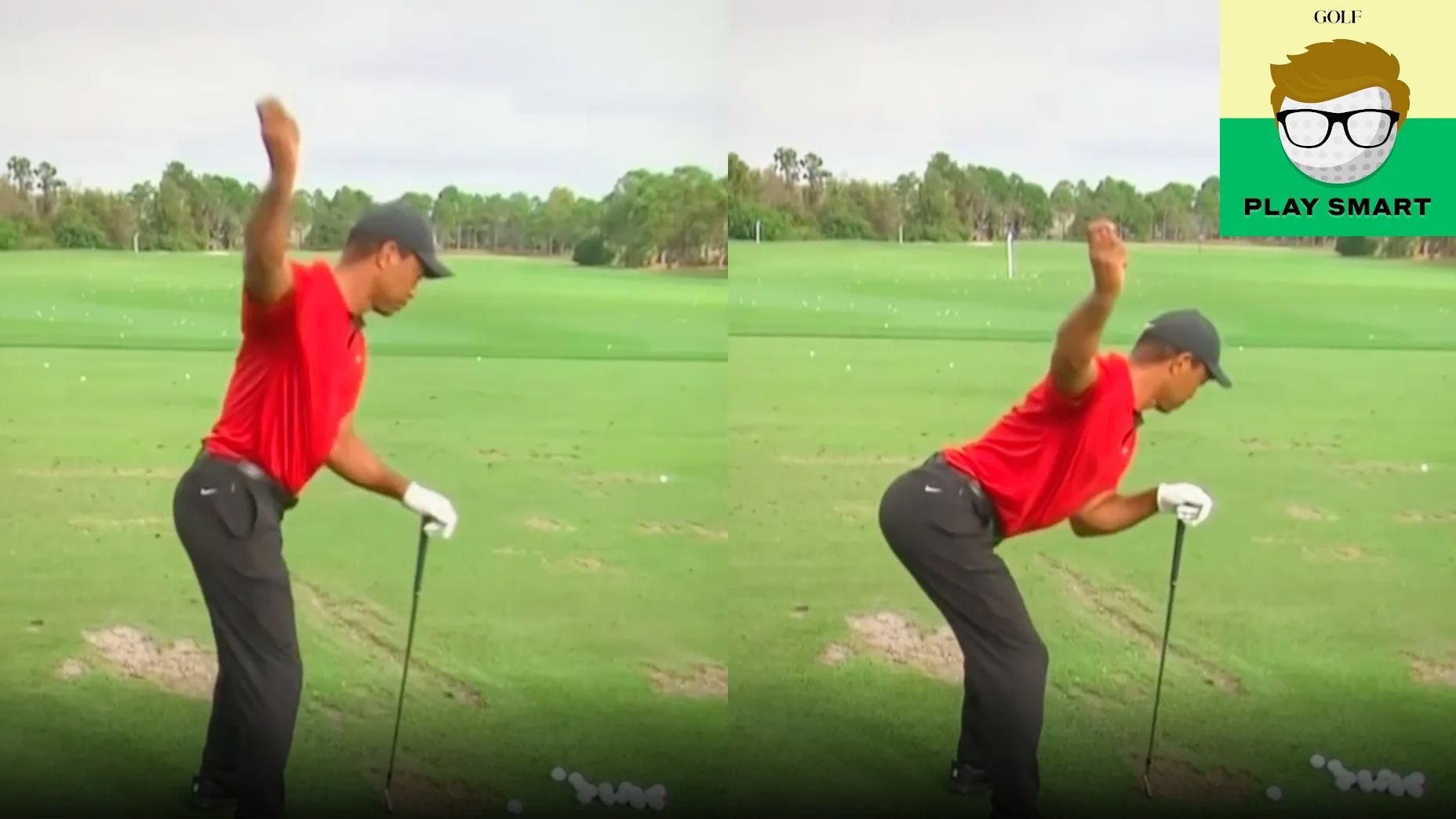 Split screen of Tiger Woods practicing new swing move at 2021 PNC Championship