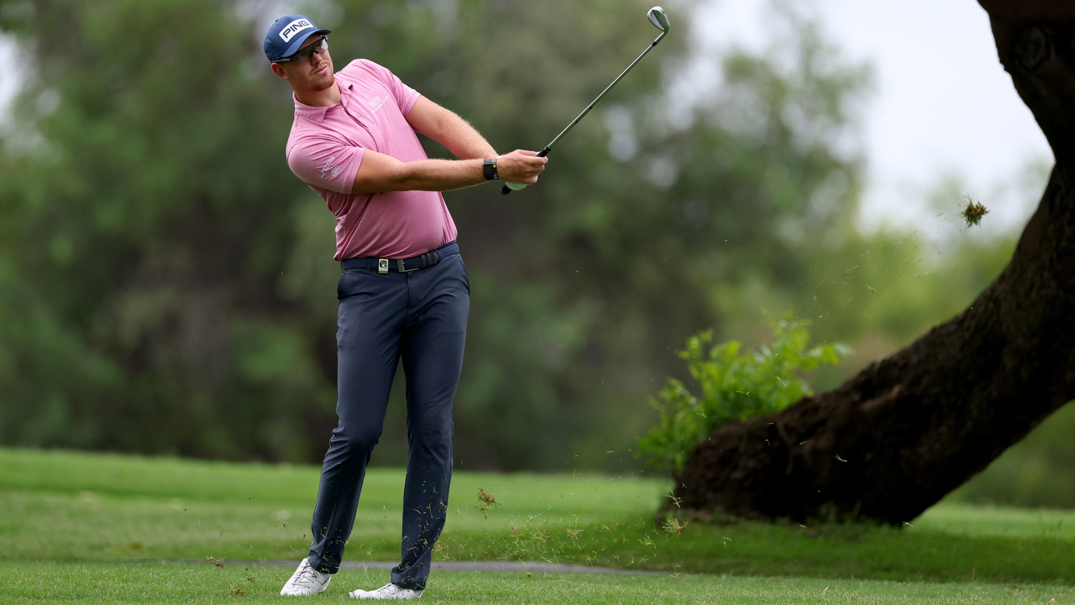 James Hart du Preez of South Africa plays his second shot on the 18th hole during the second round of the Alfred Dunhill Championship at Leopard Creek Country Golf Club on November 27, 2020 in Malelane, South Africa.