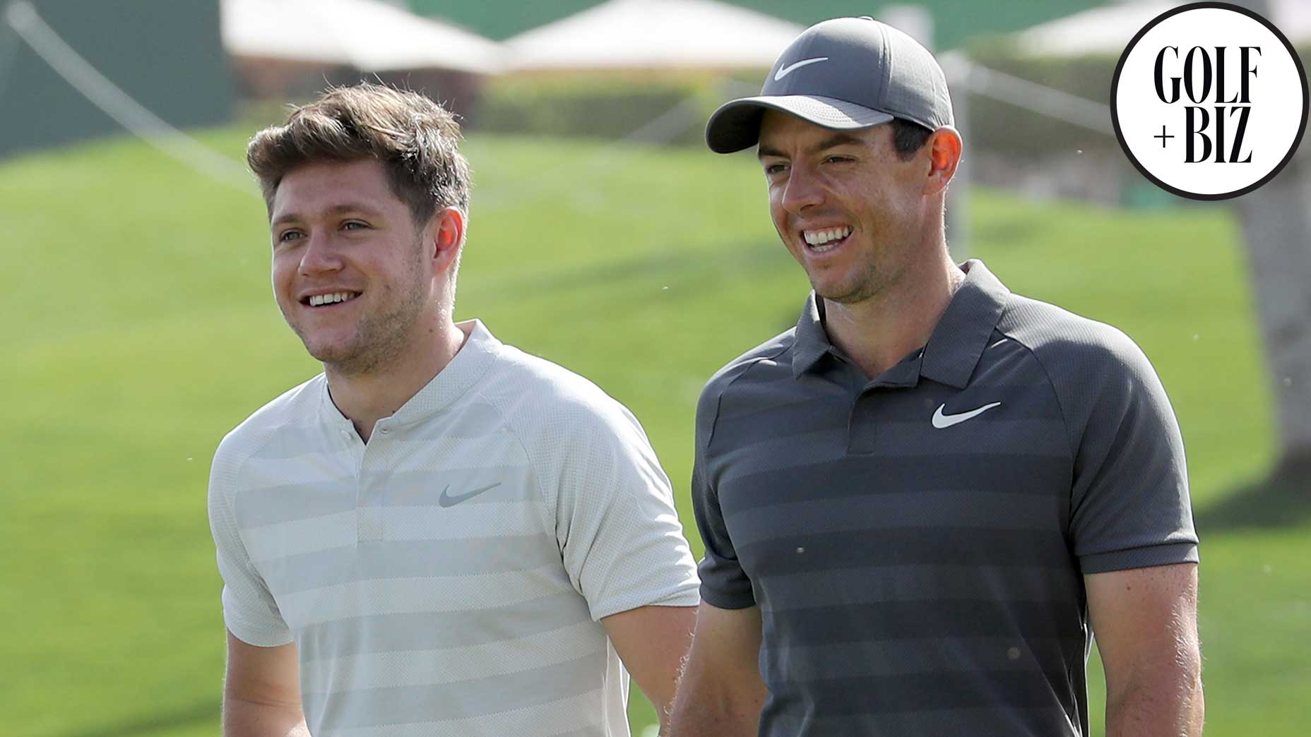 Niall Horan and Rory McIlroy at the Omega Dubai Desert Classic pro-am on Jan. 24, 2018.