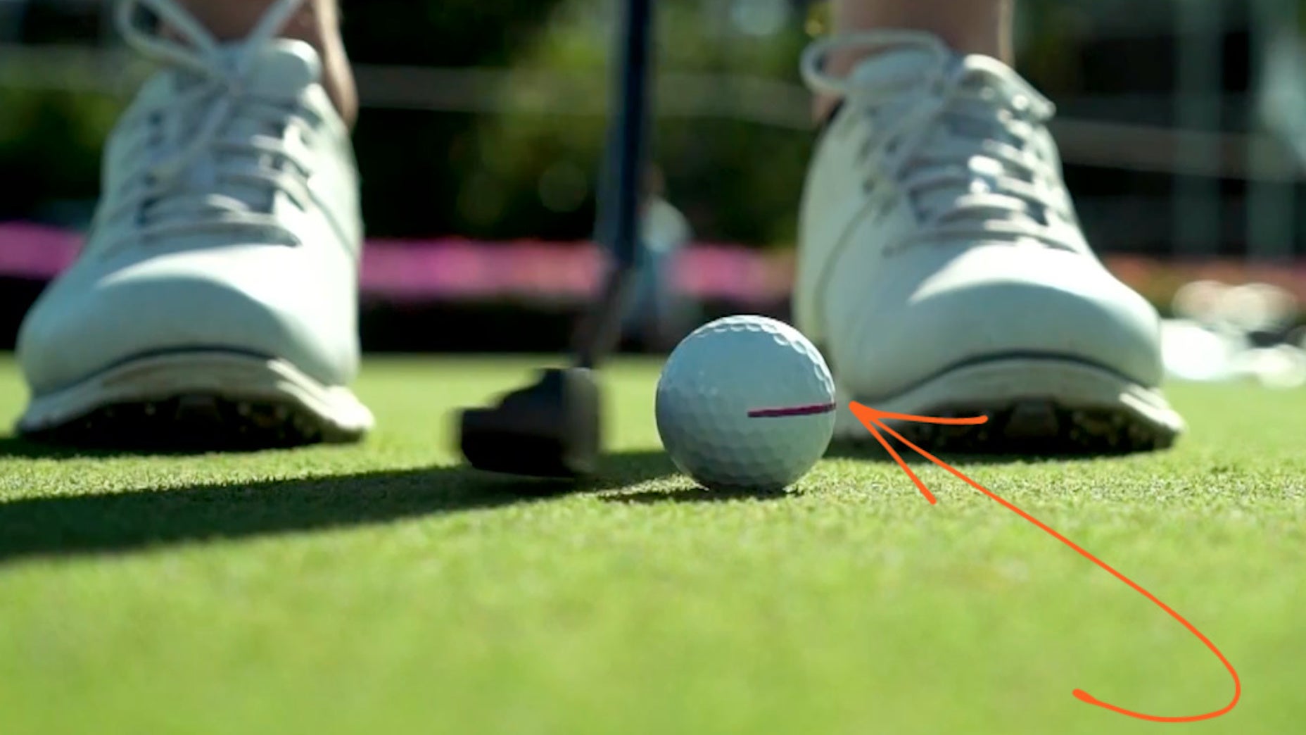 Cam Smith sets the line on his golf ball parallel to the ground