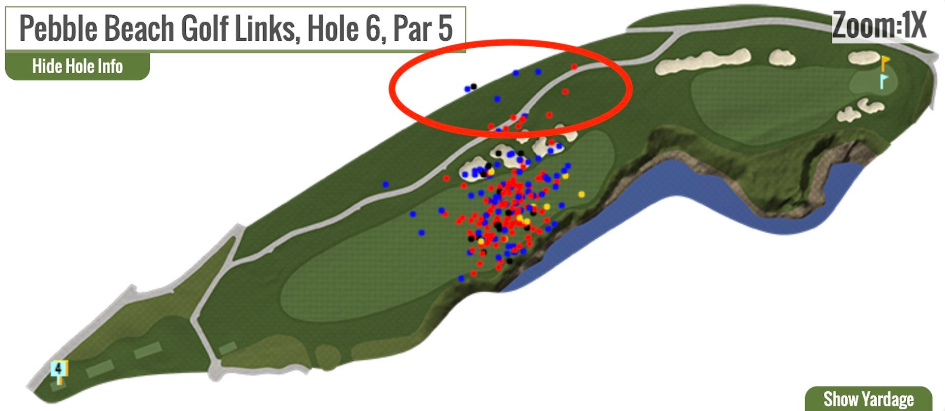 Pebble Beach's sixth hole includes an alternate strategy up the left side.