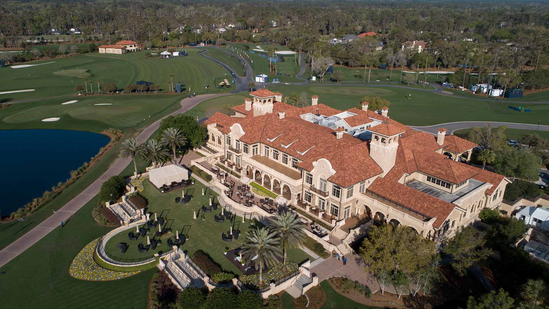 An aerial view of the massive clubhouse at TPC Sawgrass.
