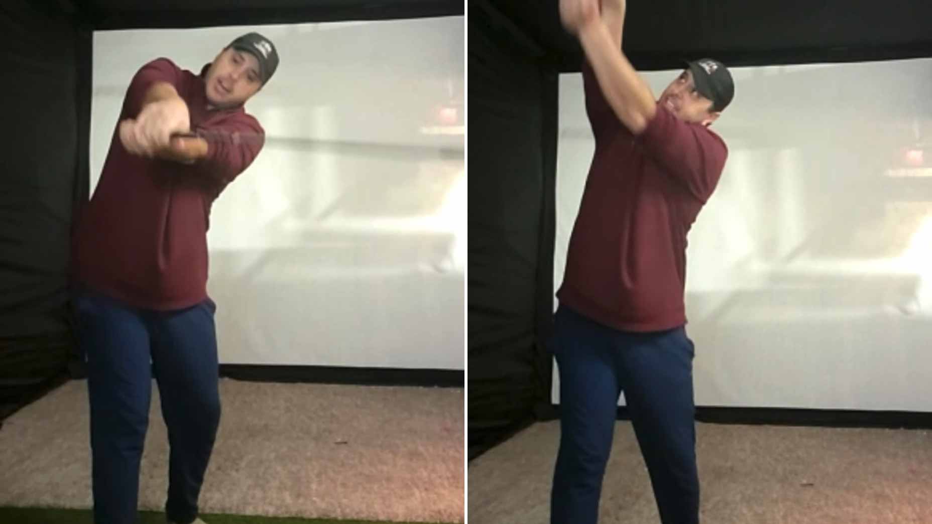 man swings golf club