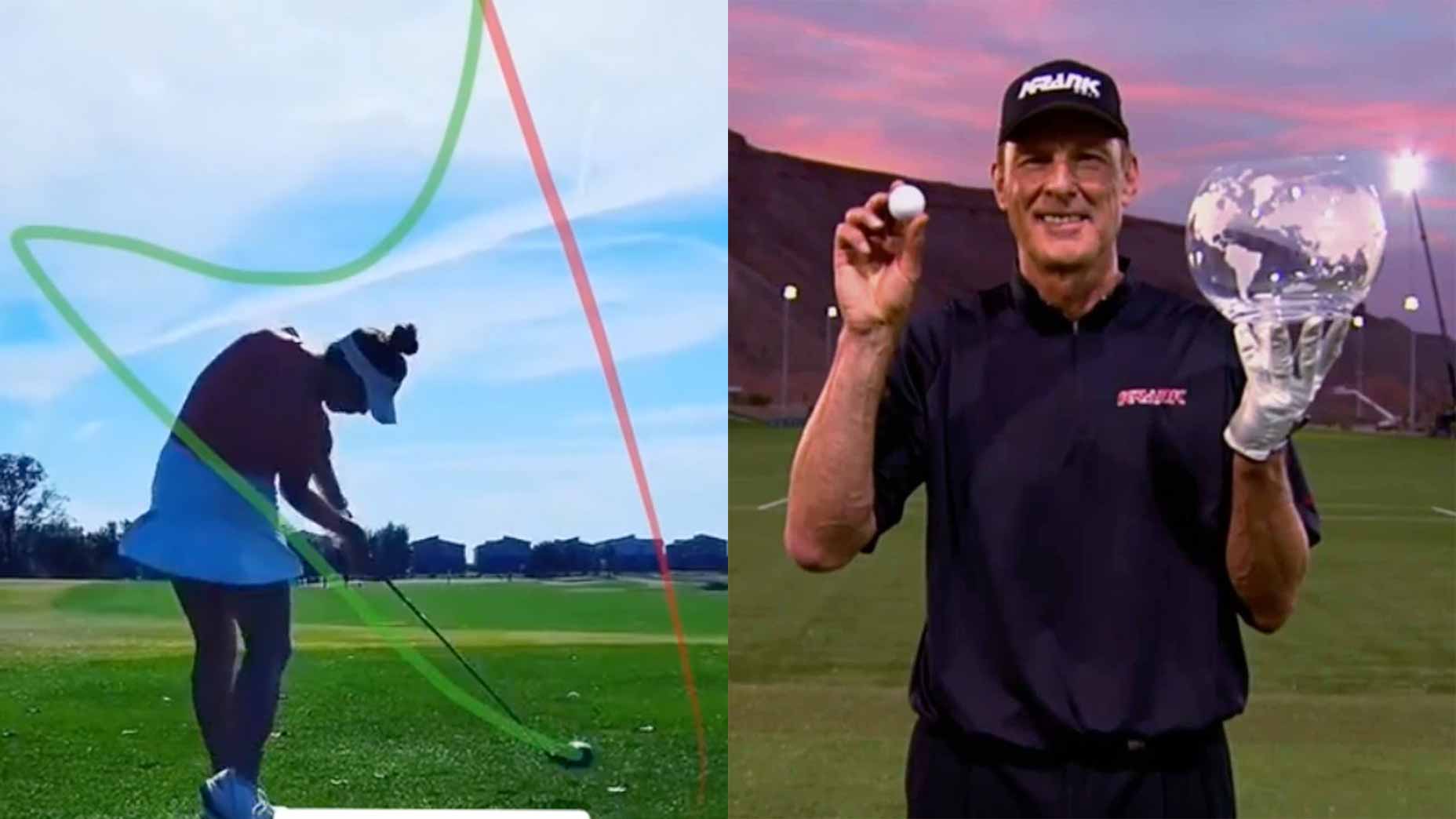 woman swings golf club and man holds trophy