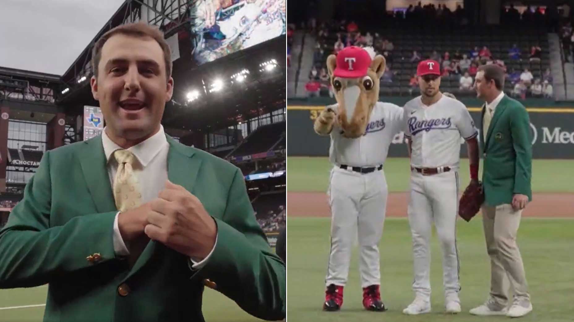 WATCH: Scottie Scheffler throws out first pitch in buttoned-up Masters green jacket at Texas Rangers game