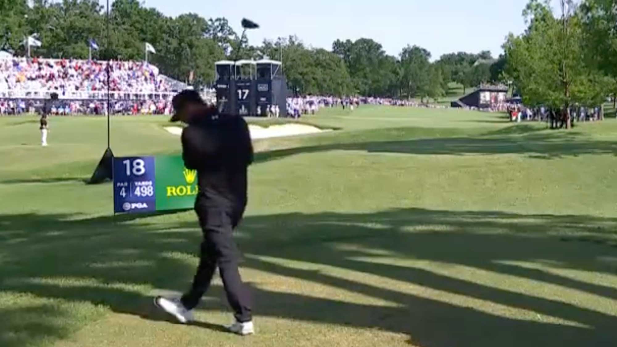 mito pereira reacts to tee shot on 72nd hole at pga