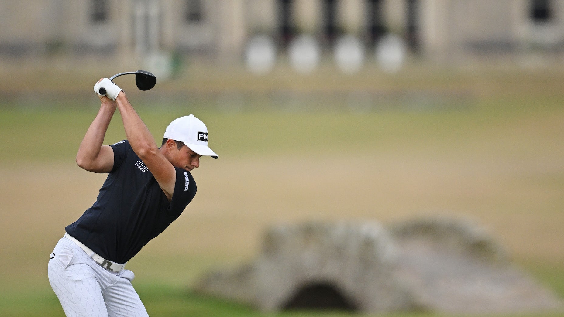 Viktor Hovland teeing off at St Andrews, Old Course