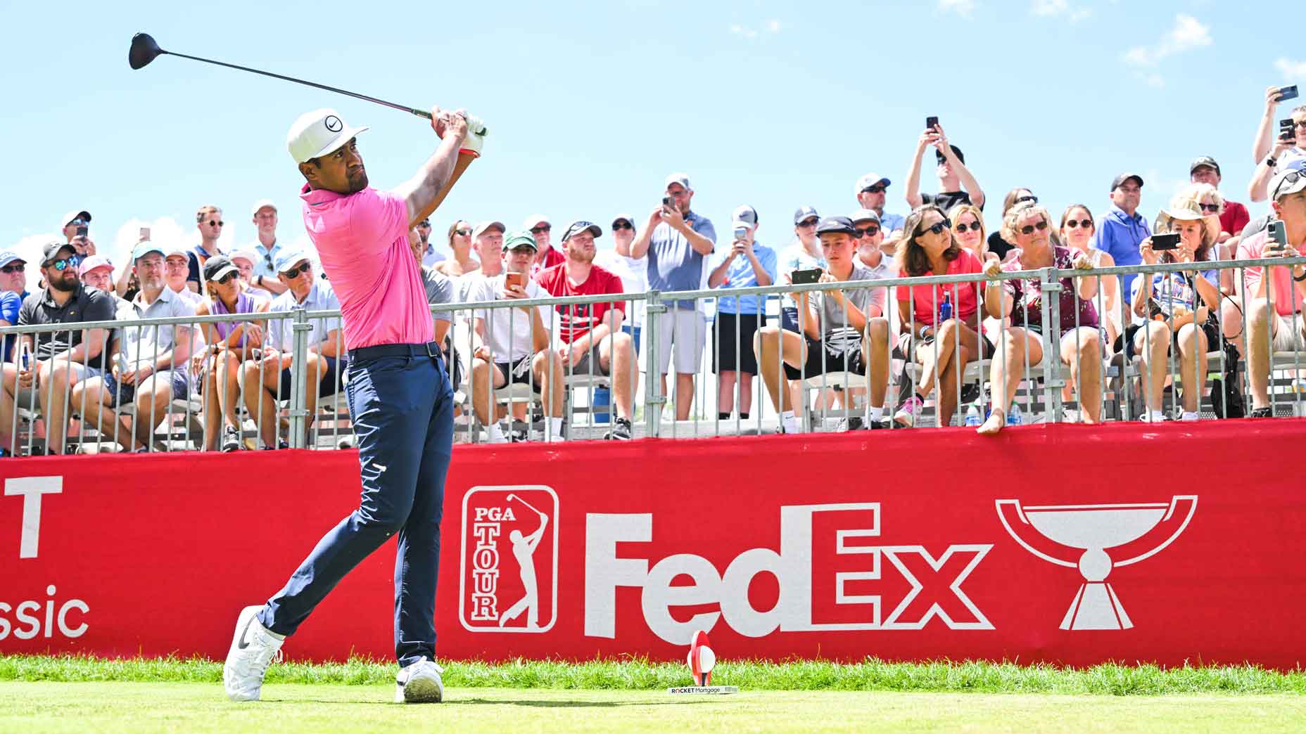 Tony Finau hits drive Friday at 2022 Rocket Mortgage Classic