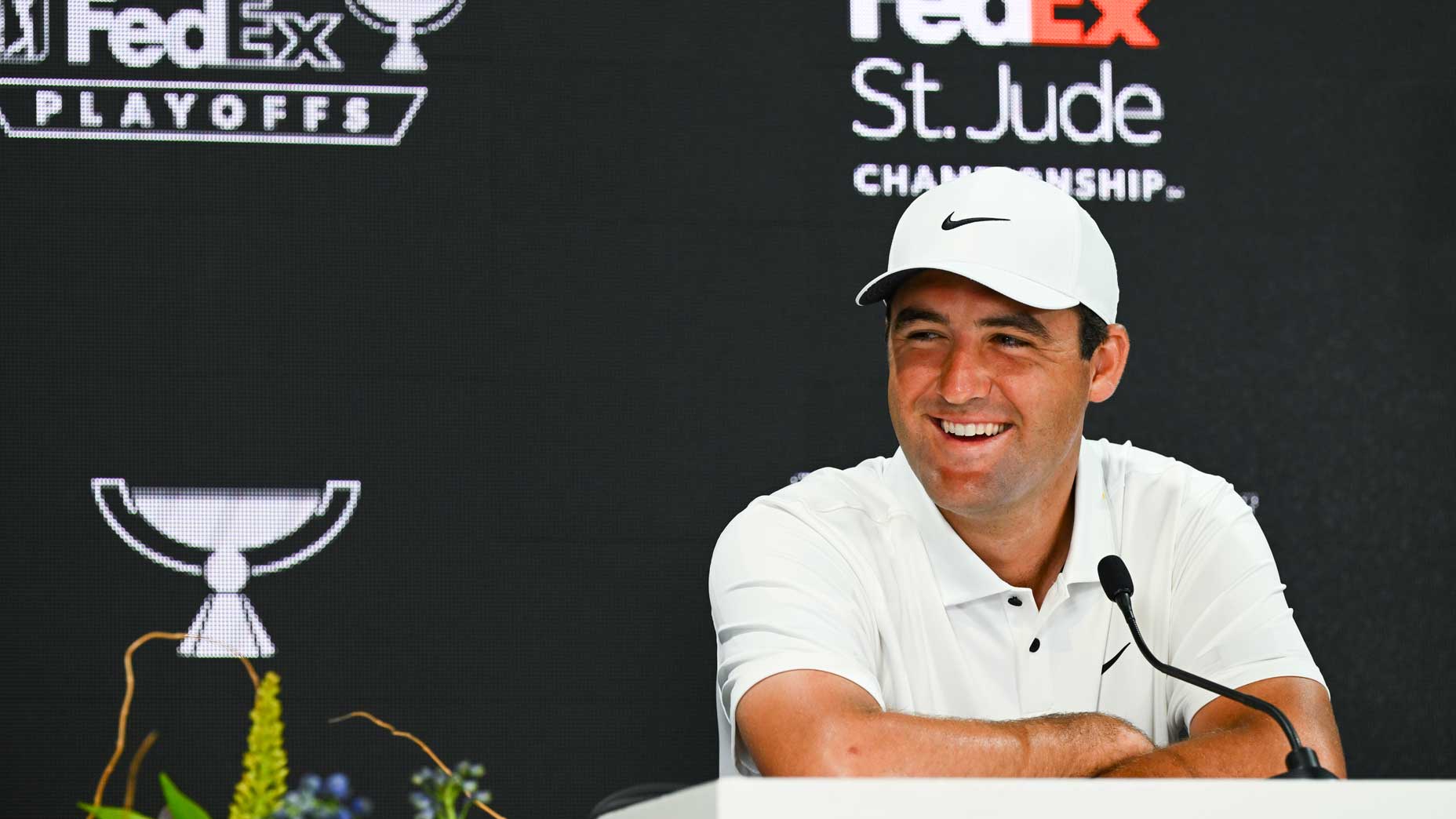 Scottie Scheffler smiles at press conference at TPC Southwind.