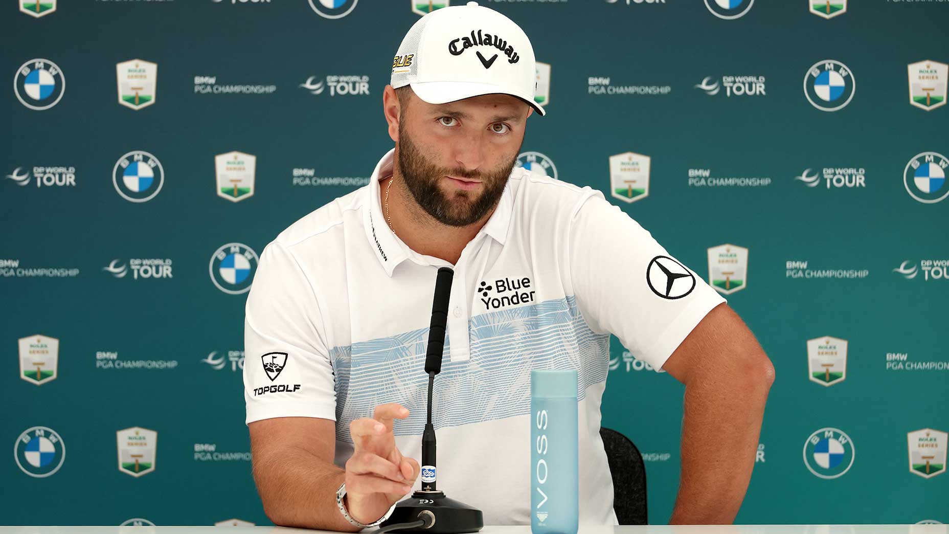 Jon Rahm speaks to the media at the BMW PGA Championship on Tuesday.