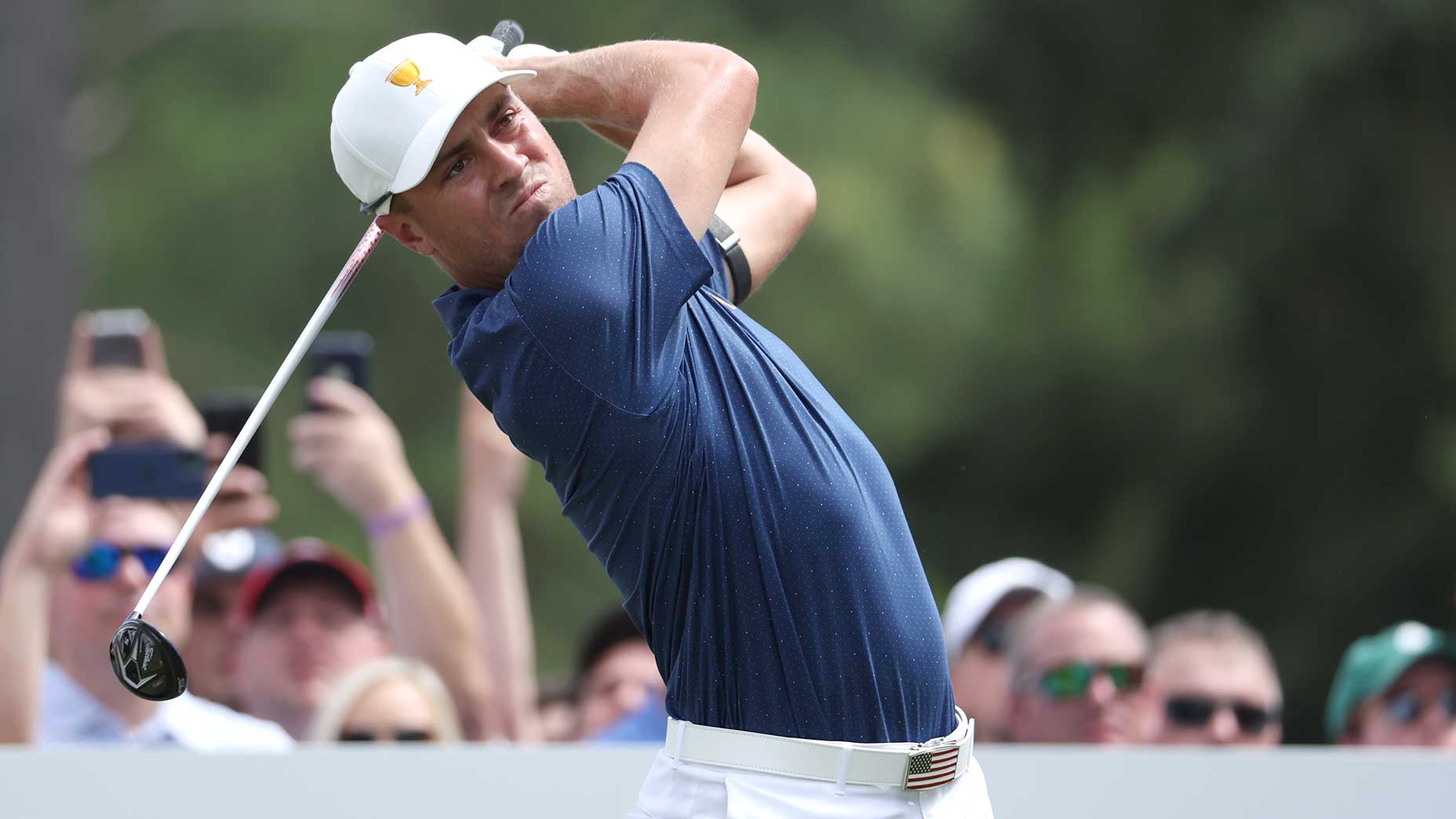 Justin Thomas watches a tee shot during the third day of the Presidents Cup.