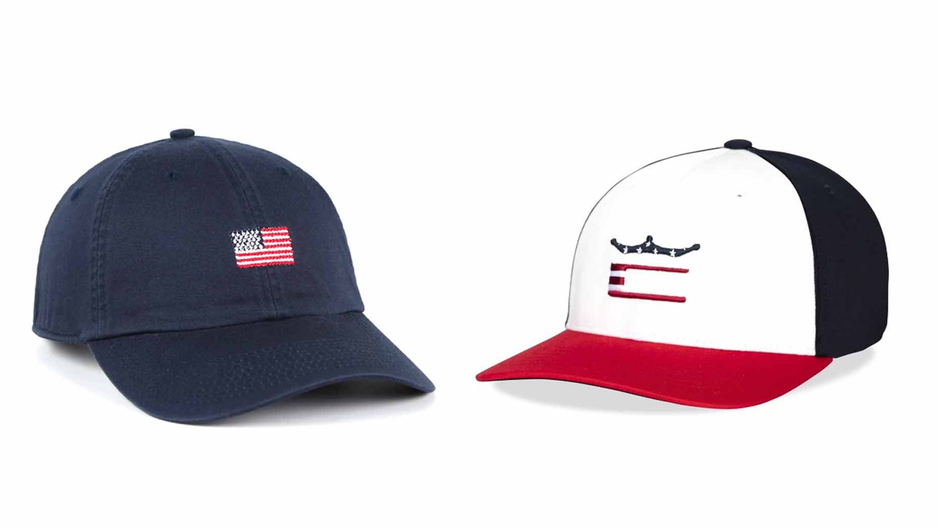 A navy American flag hat and Cobra red, white and blue golf hat.