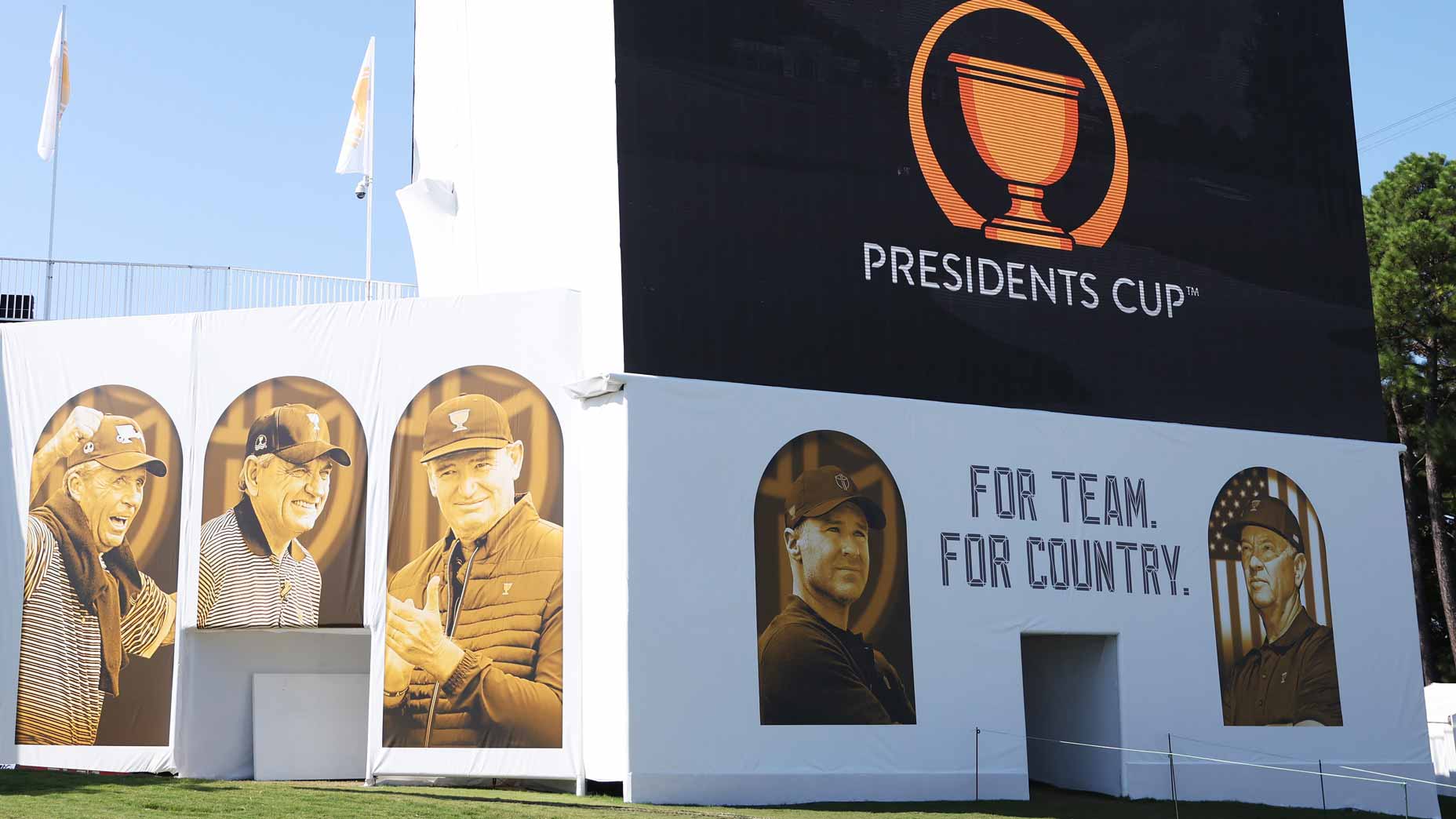 Presidents Cup signs and grandstands at Quail Hollow.