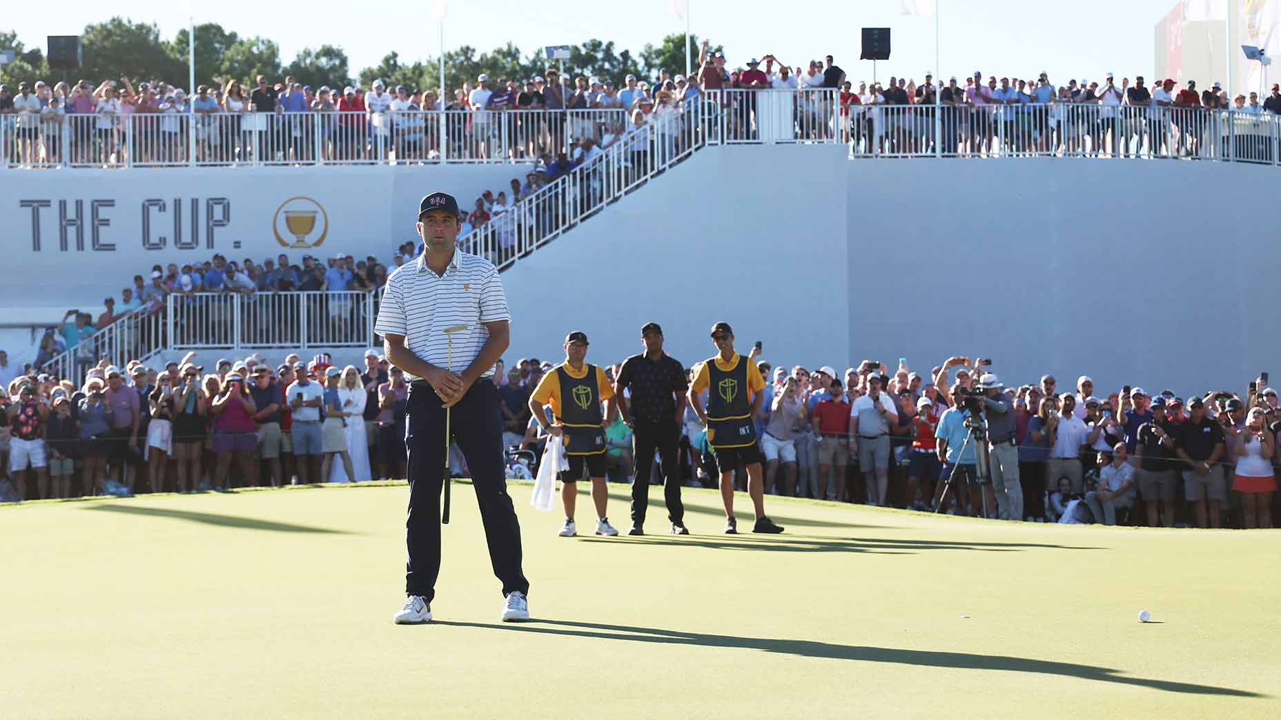 Scottie Scheffler reacts to a missed putt during Friday's fourballs session.
