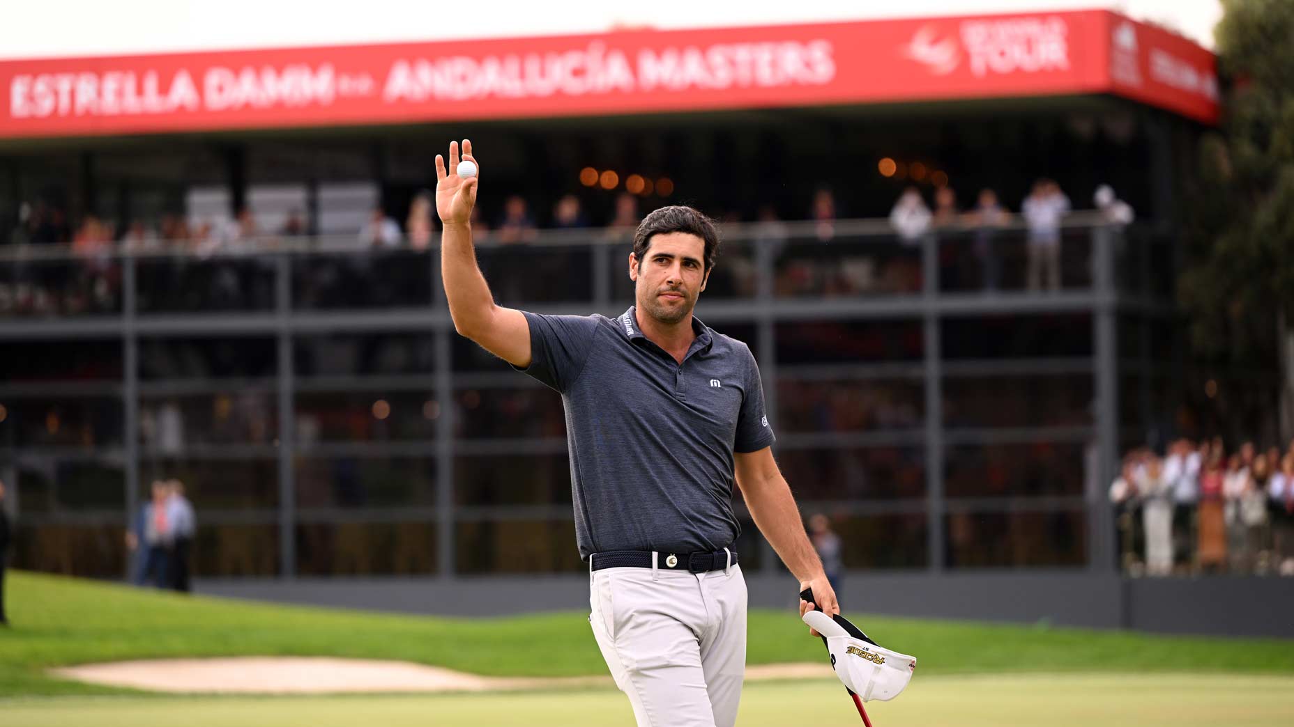 Adrian Otaegui of Spain celebrates on the 18th green after the final round of the Estrella Damm N.A. Andalucía Masters at Real Club Valderrama on October 16, 2022 in Cadiz, Spain.