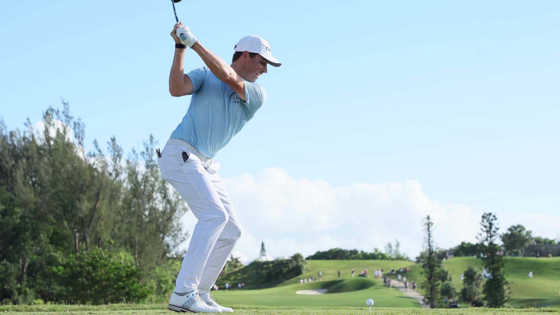 Ben Griffin of the United States plays his shot from the 14th tee during the third round of the Butterfield Bermuda Championship at Port Royal Golf Course on October 29, 2022 in Southampton.