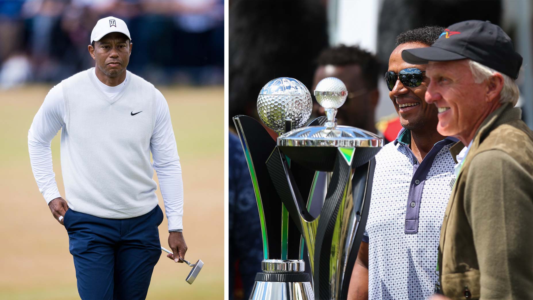 Saudi Golf Federation Chief Executive Majed Al Sorour poses for a photo with Greg Norman, LIV Golf CEO, and the winners trophies during day three of the LIV Golf Invitational at The Centurion Club on June 11, 2022 in St Albans, England.