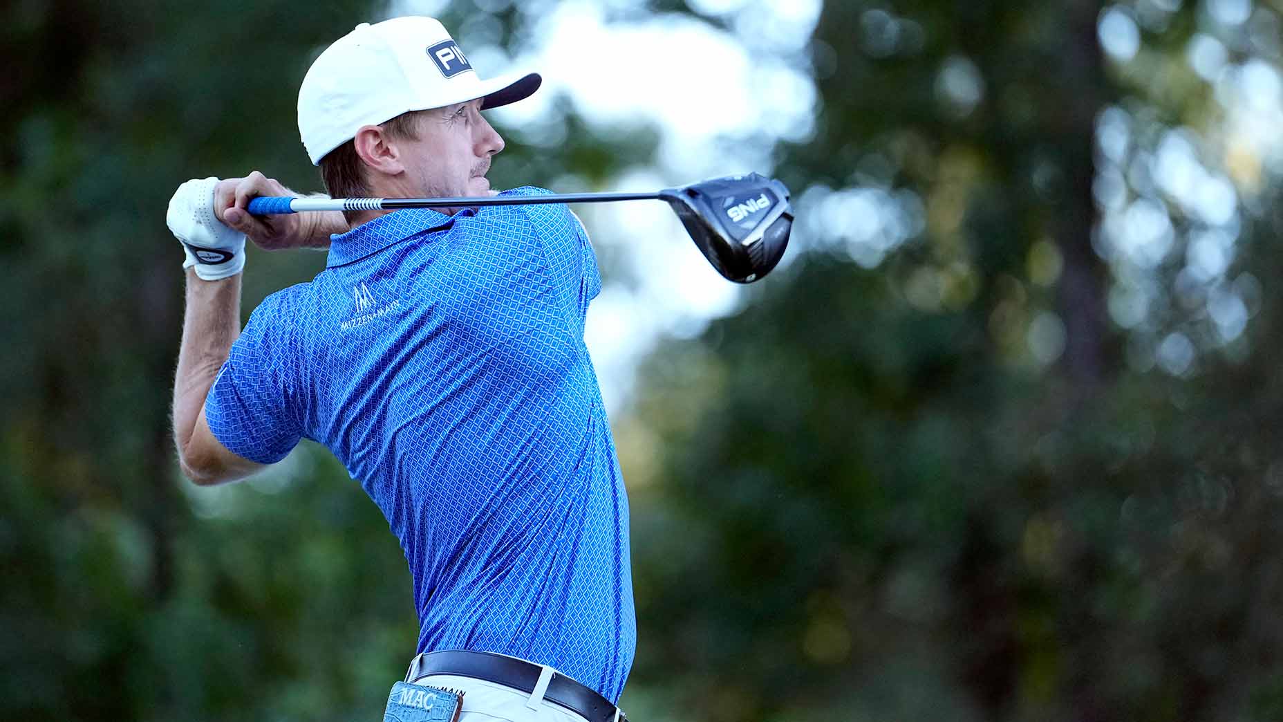 Mackenzie Hughes watches a tee shot during the third round of the Sanderson Farms.