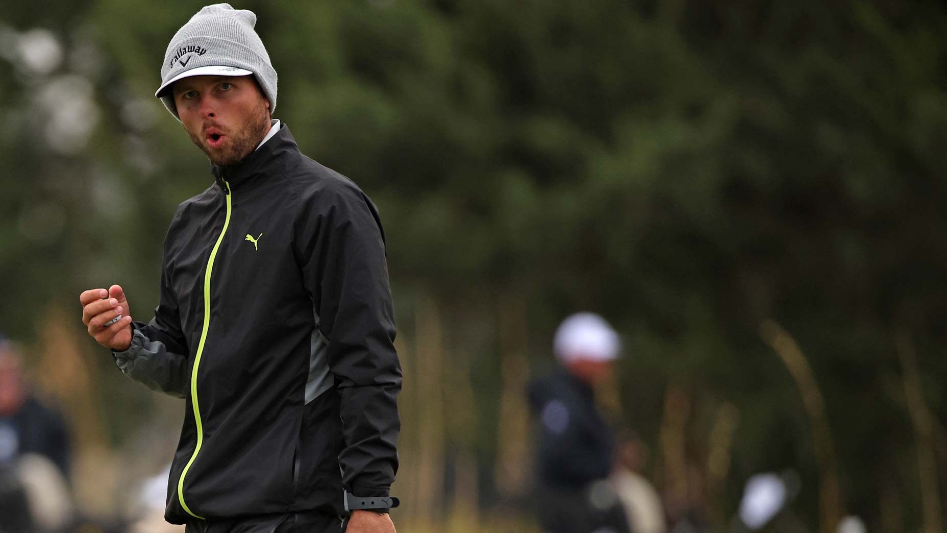 Adam Svensson of Canada reacts to his winning putt on the 18th green at Sea Island Resort Seaside Course on November 20, 2022 in St Simons Island, Georgia.
