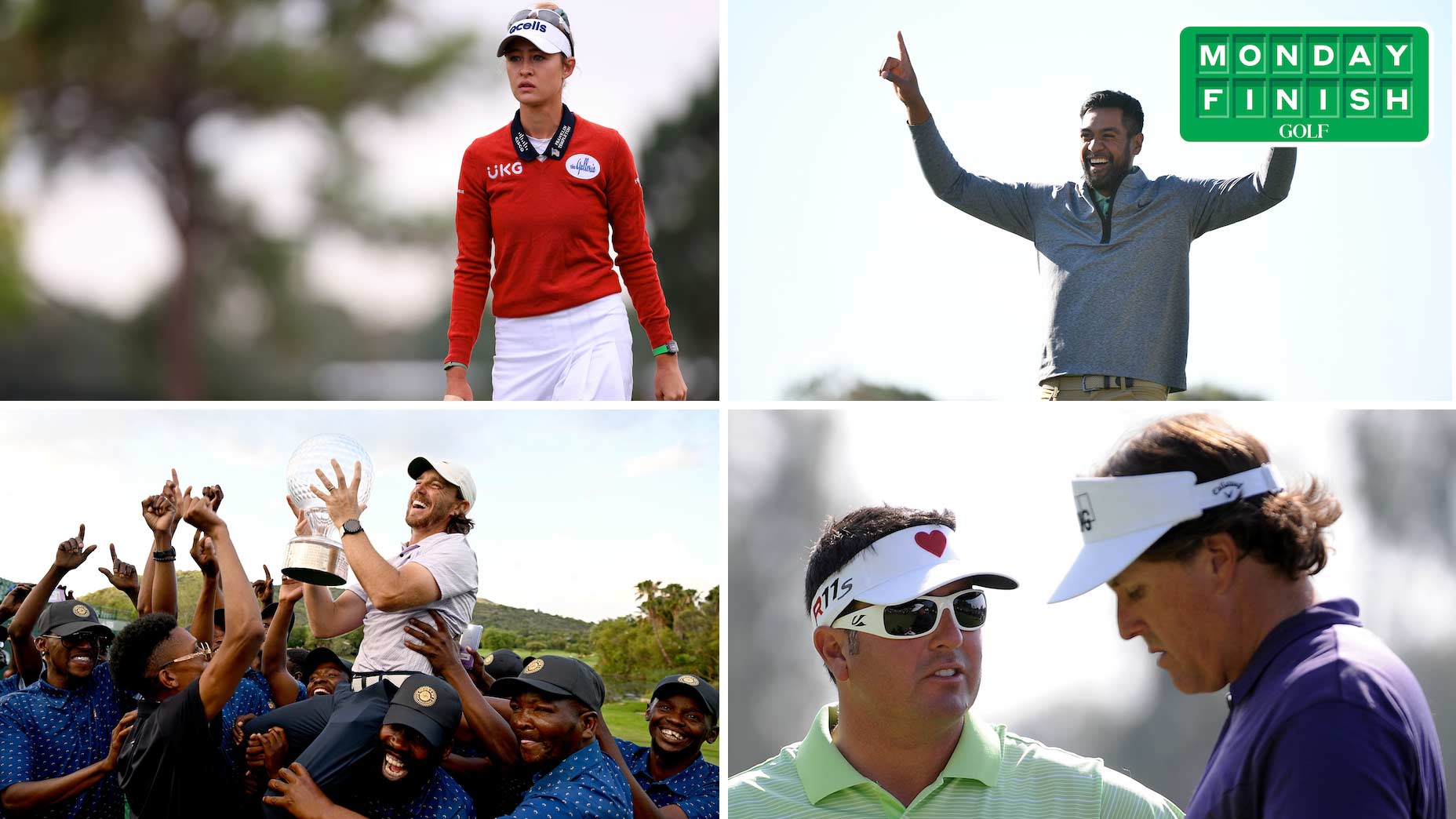Clockwise from top left: Nelly Korda, Tony Finau, Pat Perez talking to Phil Mickelson (an old photo from 2012), Tommy Fleetwood.