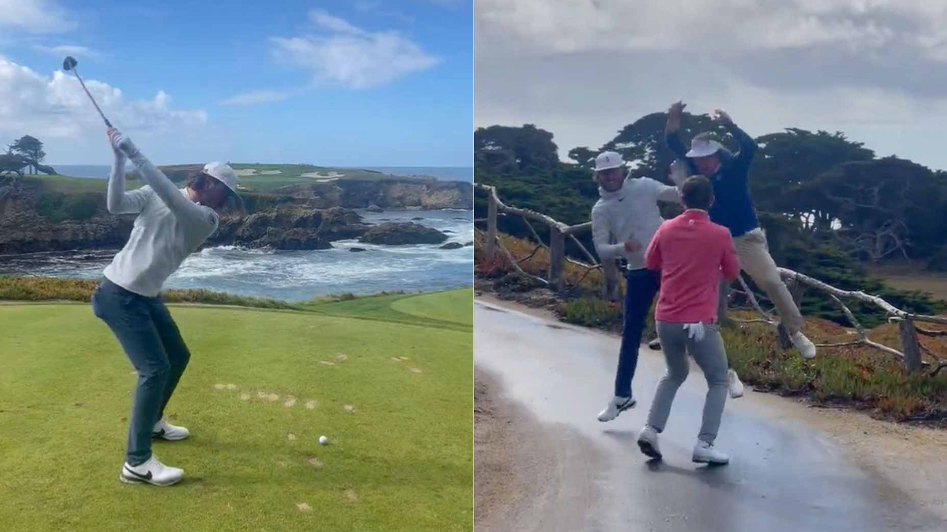 SMU golfer Christian Clark makes a hole-in-one at Cypress Point's 16th hole, then celebrates with his playing partners.