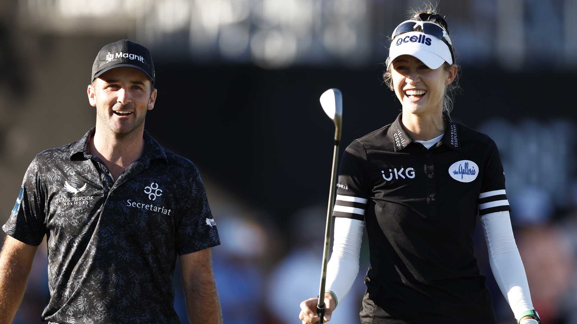 Nelly Korda talks with Denny McCarthy during the 2022 QBE Shootout