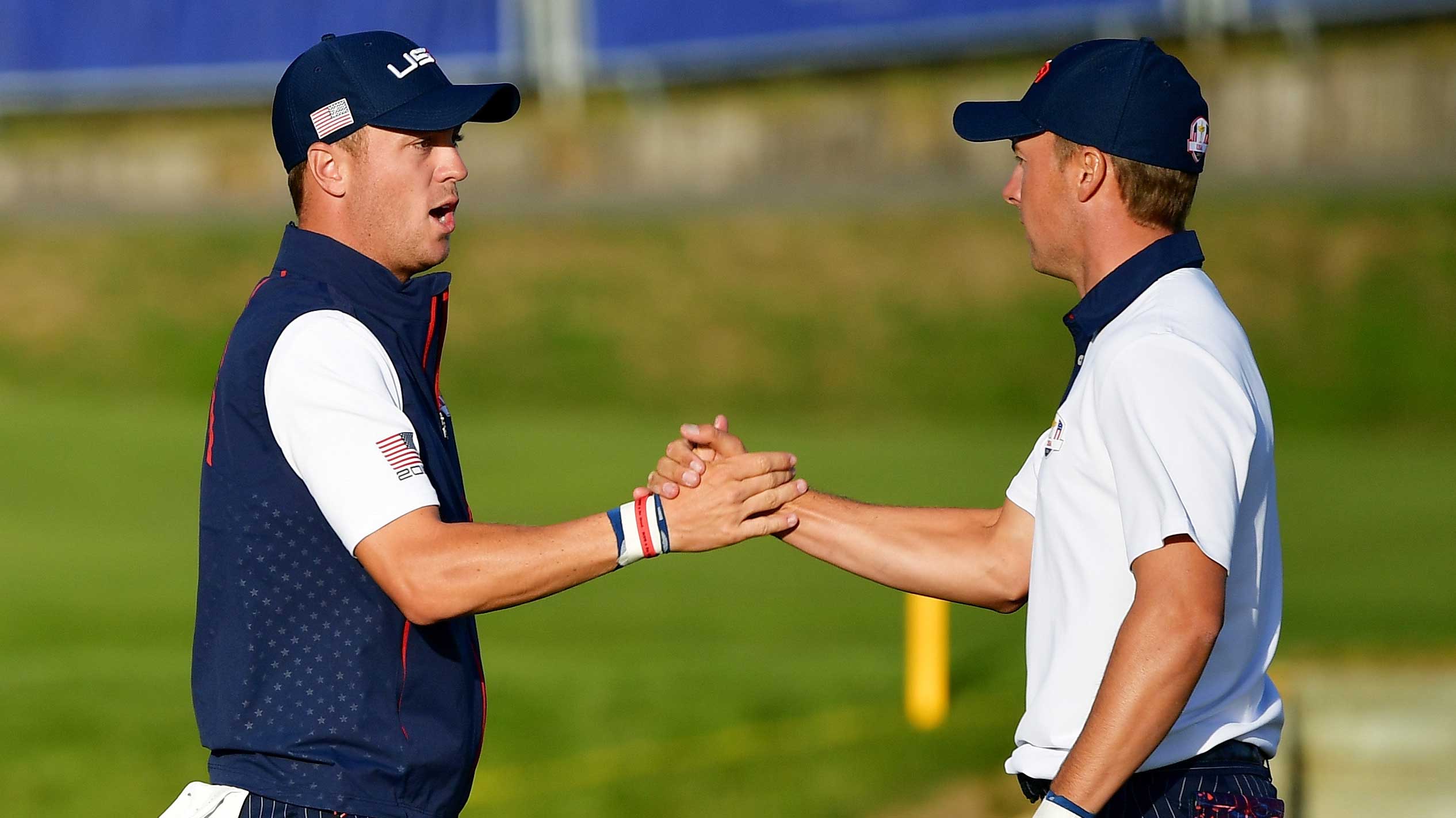 Jordan Spieth of the United States and Justin Thomas of the United States celebrate during the afternoon foursome matches of the 2018 Ryder Cup at Le Golf National on September 29, 2018 in Paris, France