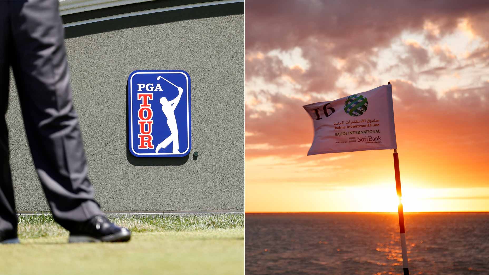 The PGA Tour logo next to a flag from the 2022 Saudi International.