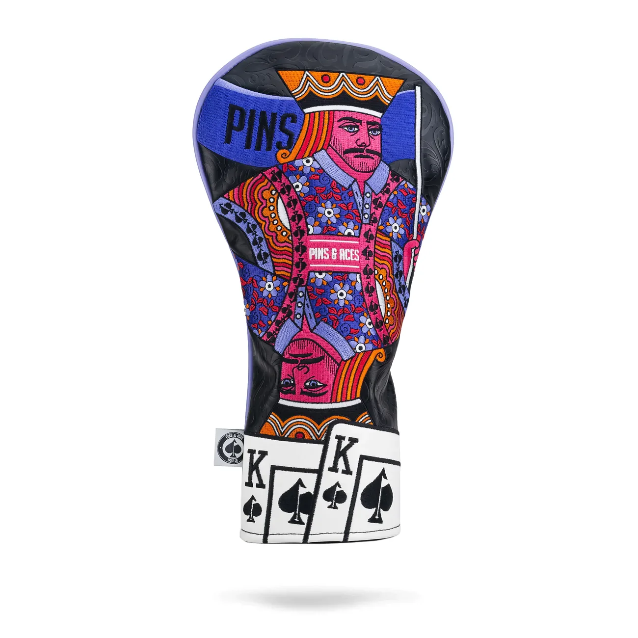 extremely detailed classic playing card design, king playing card, multicolor, deep blue, purples, pinks