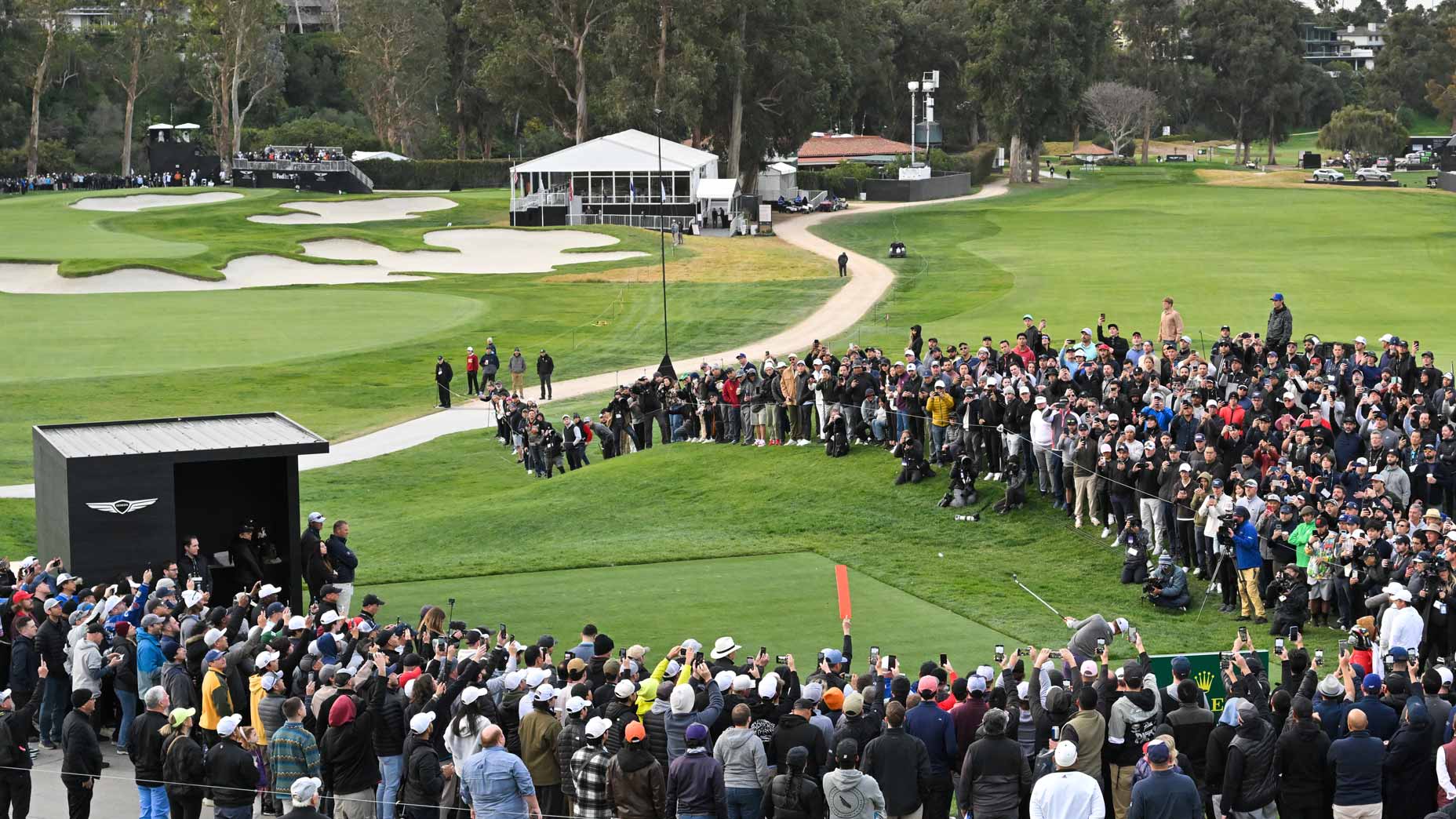 Justin Thomas tees off on the 10th hole during the second round of The Genesis Invitational at Riviera Country Club on February 17, 2023 in Pacific Palisades, California.