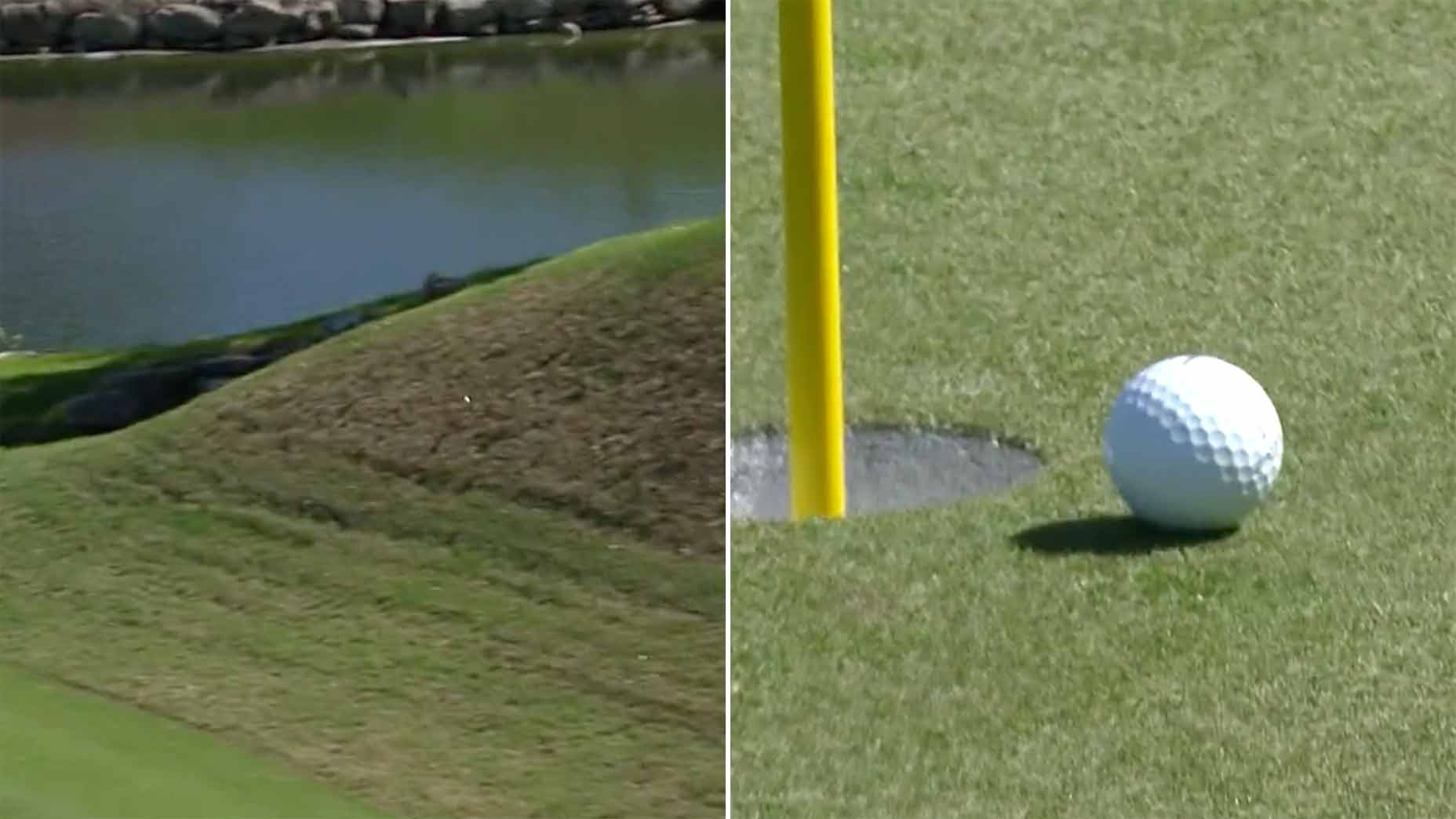 ball hits off slope and settles near hole