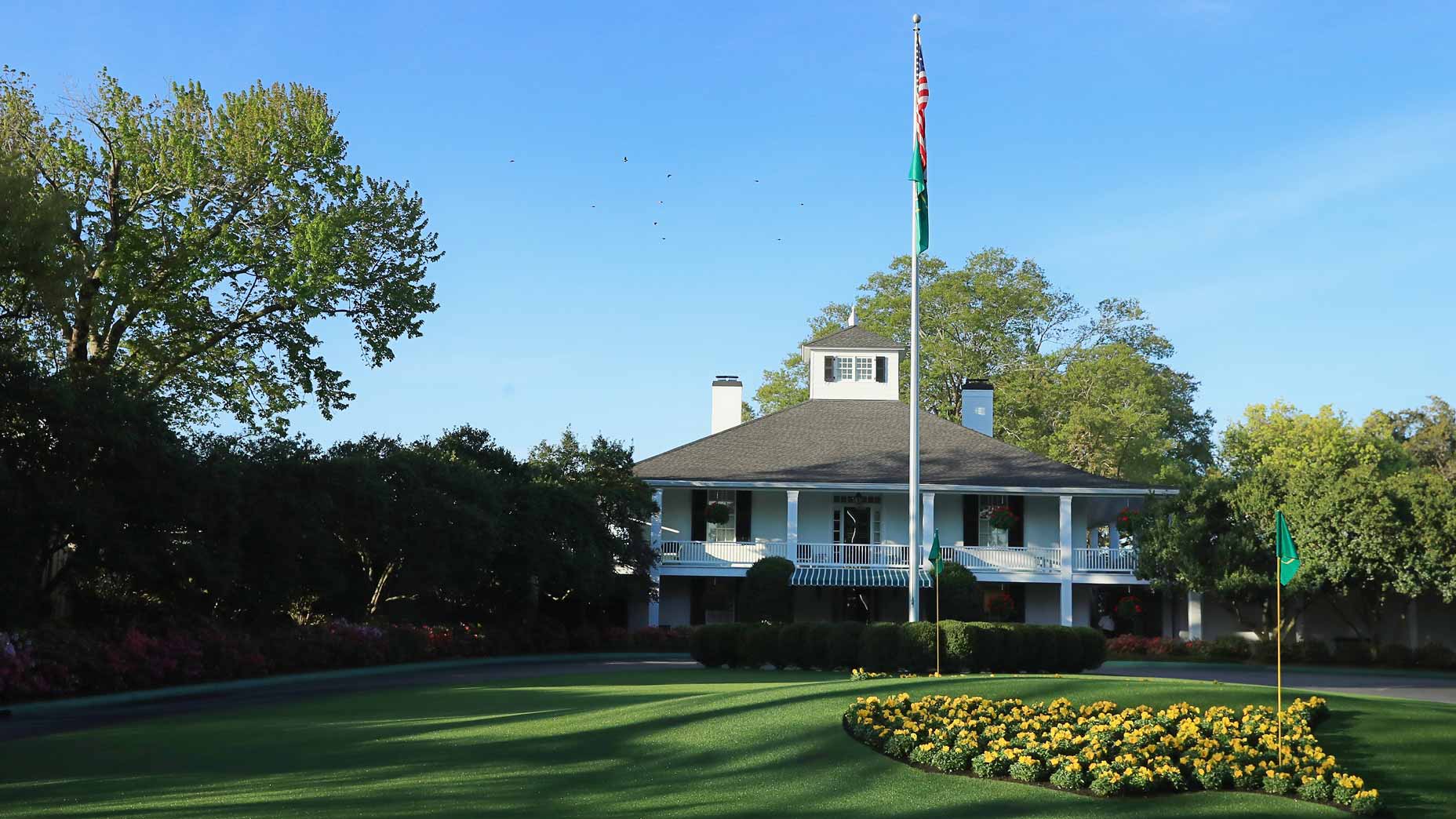 Founders Circle and the clubhouse are seen during a practice round prior to the start of the 2018 Masters Tournament at Augusta National Golf Club on April 2, 2018 in Augusta, Georgia.