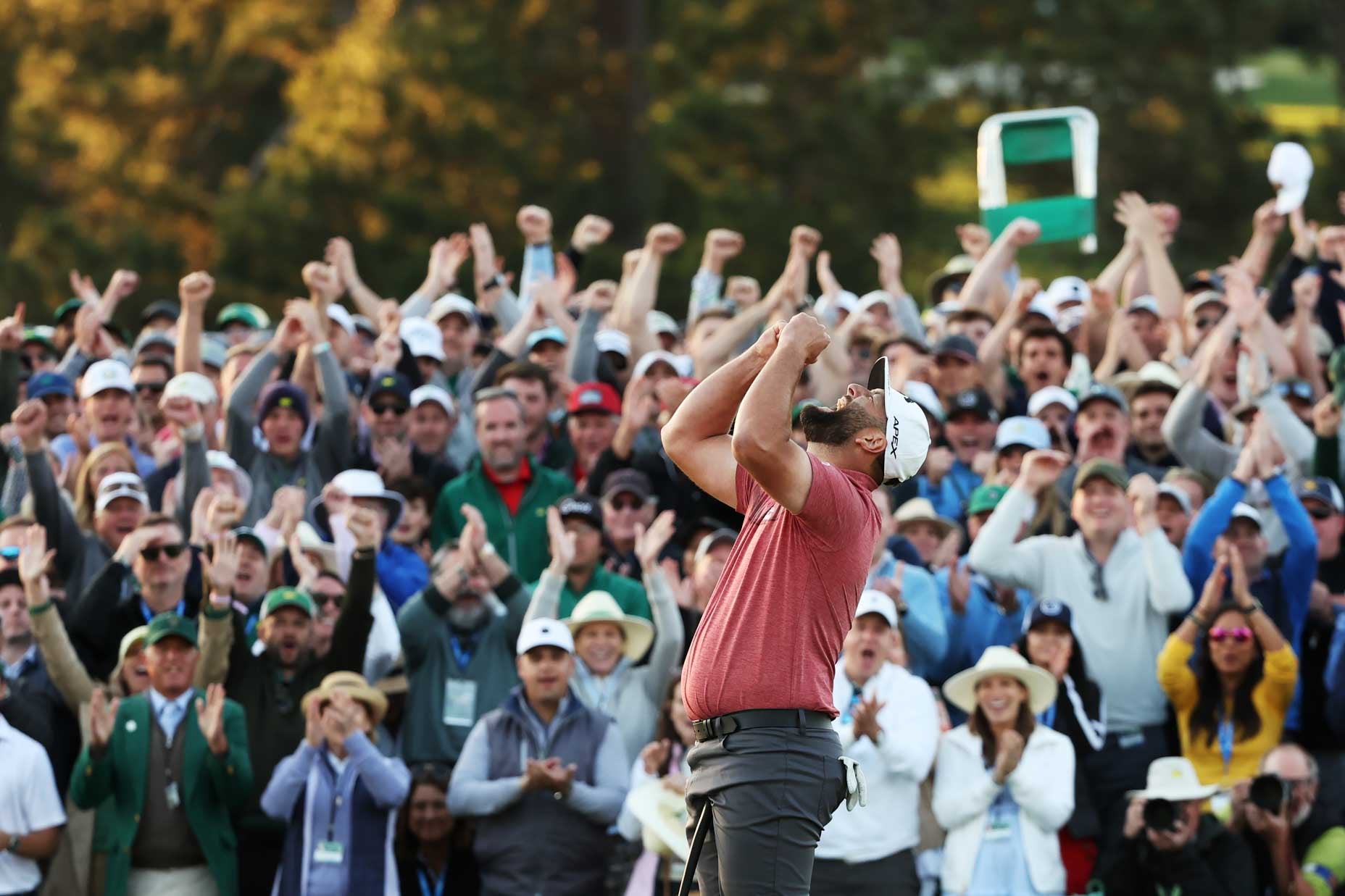 AUGUSTA, GEORGIA - APRIL 09: Jon Rahm of Spain celebrates on the 18th green after winning the 2023 Masters Tournament at Augusta National Golf Club on April 09, 2023 in Augusta, Georgia. (Photo by Christian Petersen/Getty Images)