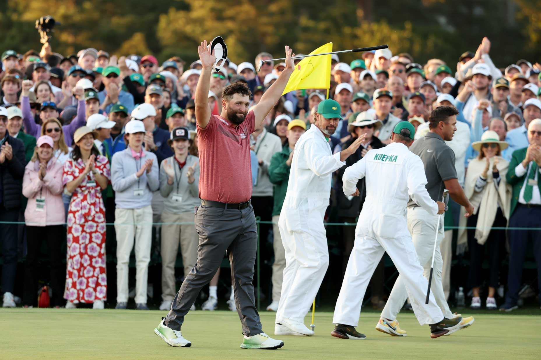 AUGUSTA, GEORGIA - APRIL 09: Jon Rahm of Spain celebrates on the 18th green after winning the 2023 Masters Tournament at Augusta National Golf Club on April 09, 2023 in Augusta, Georgia. (Photo by Christian Petersen/Getty Images)