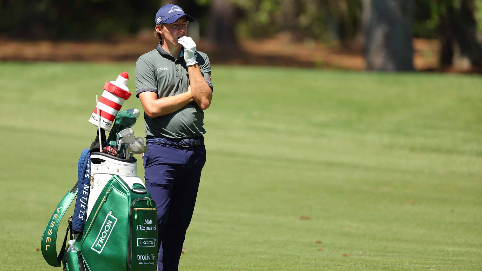 Matt Fitzpatrick of England waits to play an approach shot on the 11th hole during the third round of the RBC Heritage at Harbour Town Golf Links on April 15, 2023 in Hilton Head Island, South Carolina.