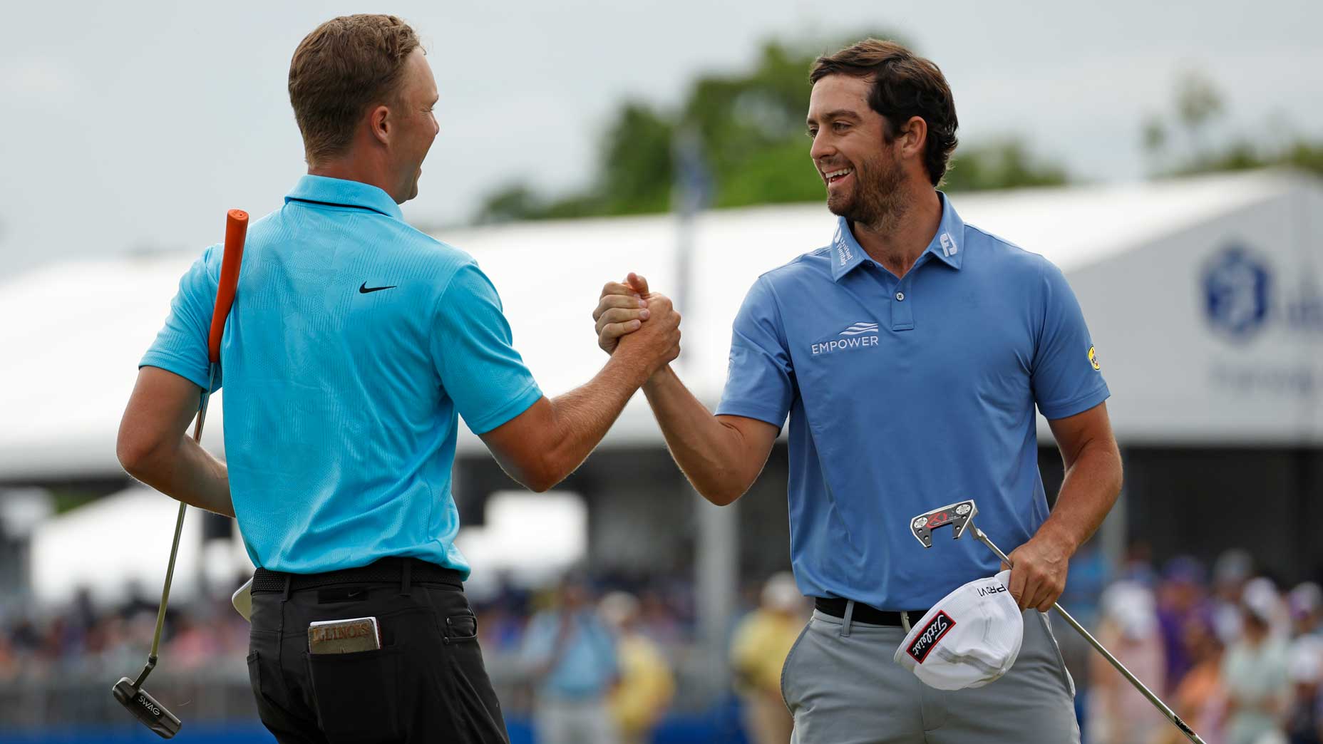Nick Hardy of the United States and Davis Riley of the United States react on the 18th green during the final round of the Zurich Classic of New Orleans at TPC Louisiana on April 23, 2023 in Avondale, Louisiana.