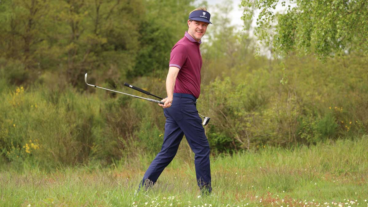 Andrew Medley (USA) plays his practice round on the New Course on Friday