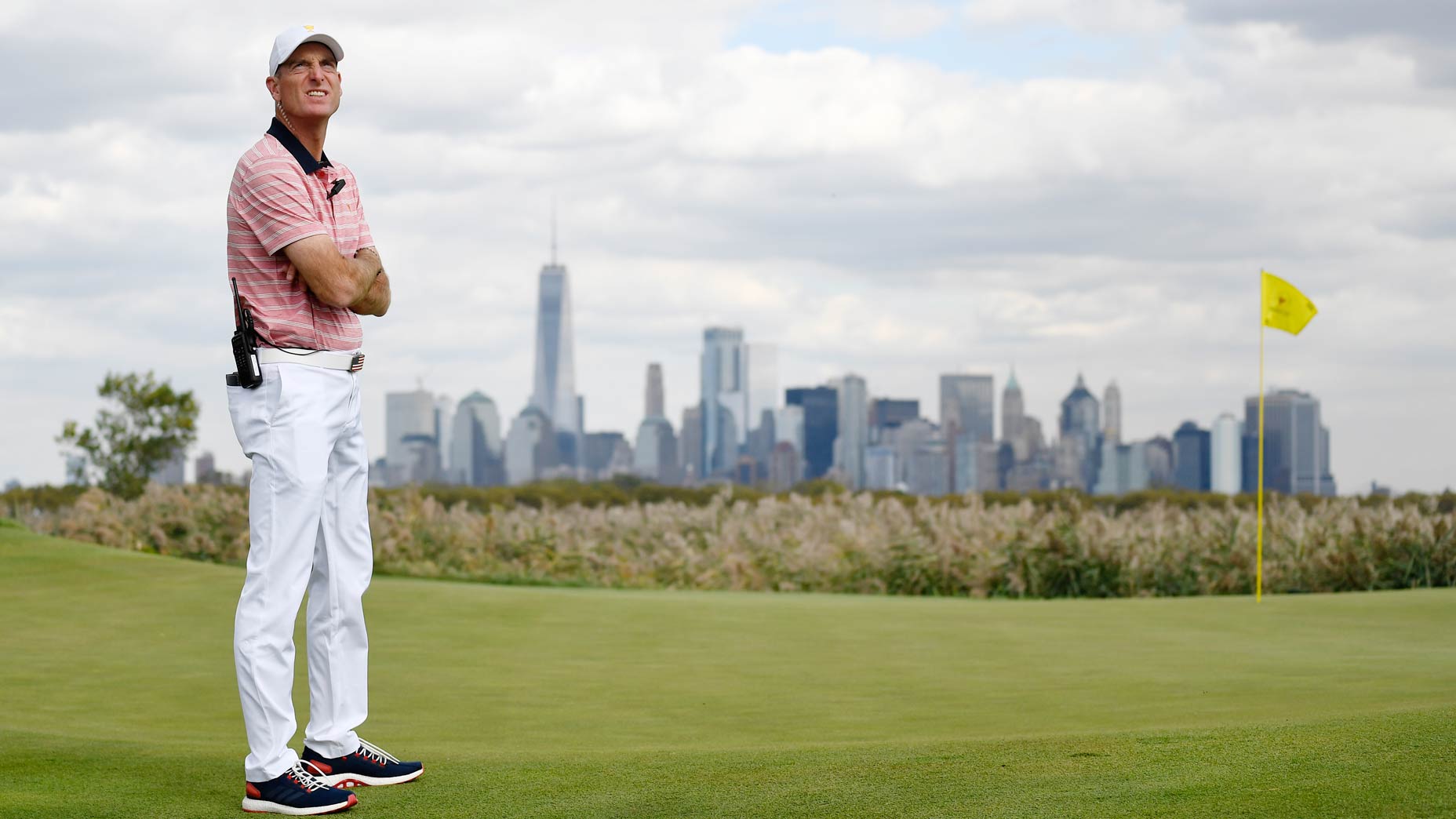 Jim Furyk, Captains Assistant of the U.S. Team, on the 10th hole during the Friday four-ball matches during the second round of the Presidents Cup at Liberty National Golf Club on September 29, 2017, in Jersey City, New Jersey.