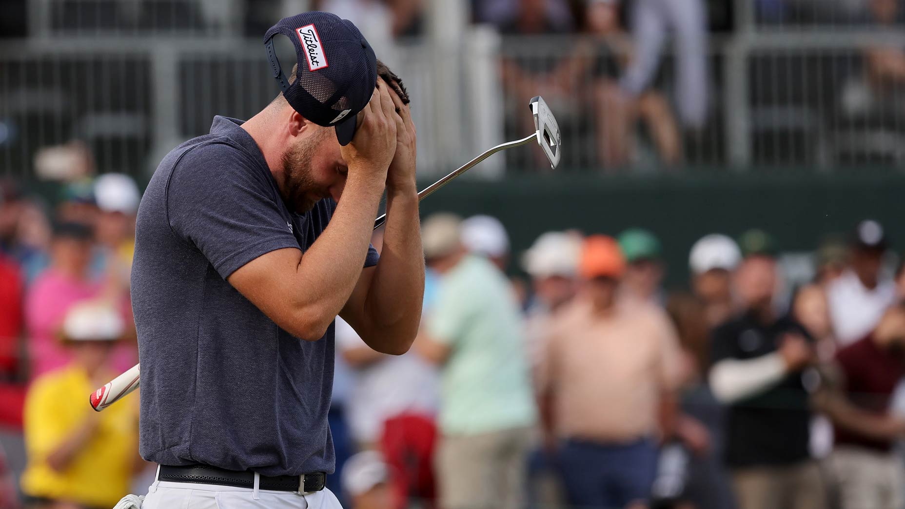 Wyndham Clark of the United States celebrates winning on the 18th green during the final round of the Wells Fargo Championship at Quail Hollow Country Club on May 07, 2023 in Charlotte, North Carolina.