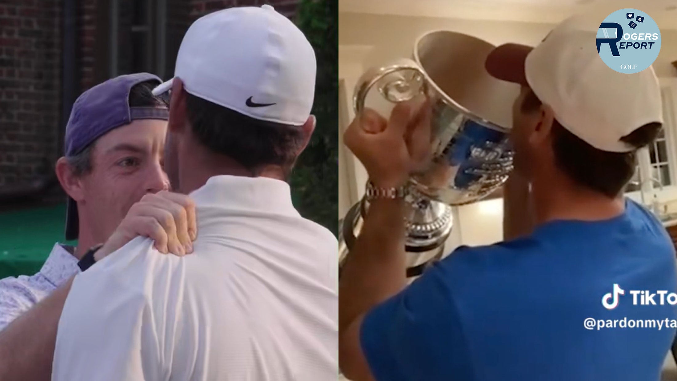 McIlroy and Koepka hug, Koepka drinks from the Wanamaker trophy