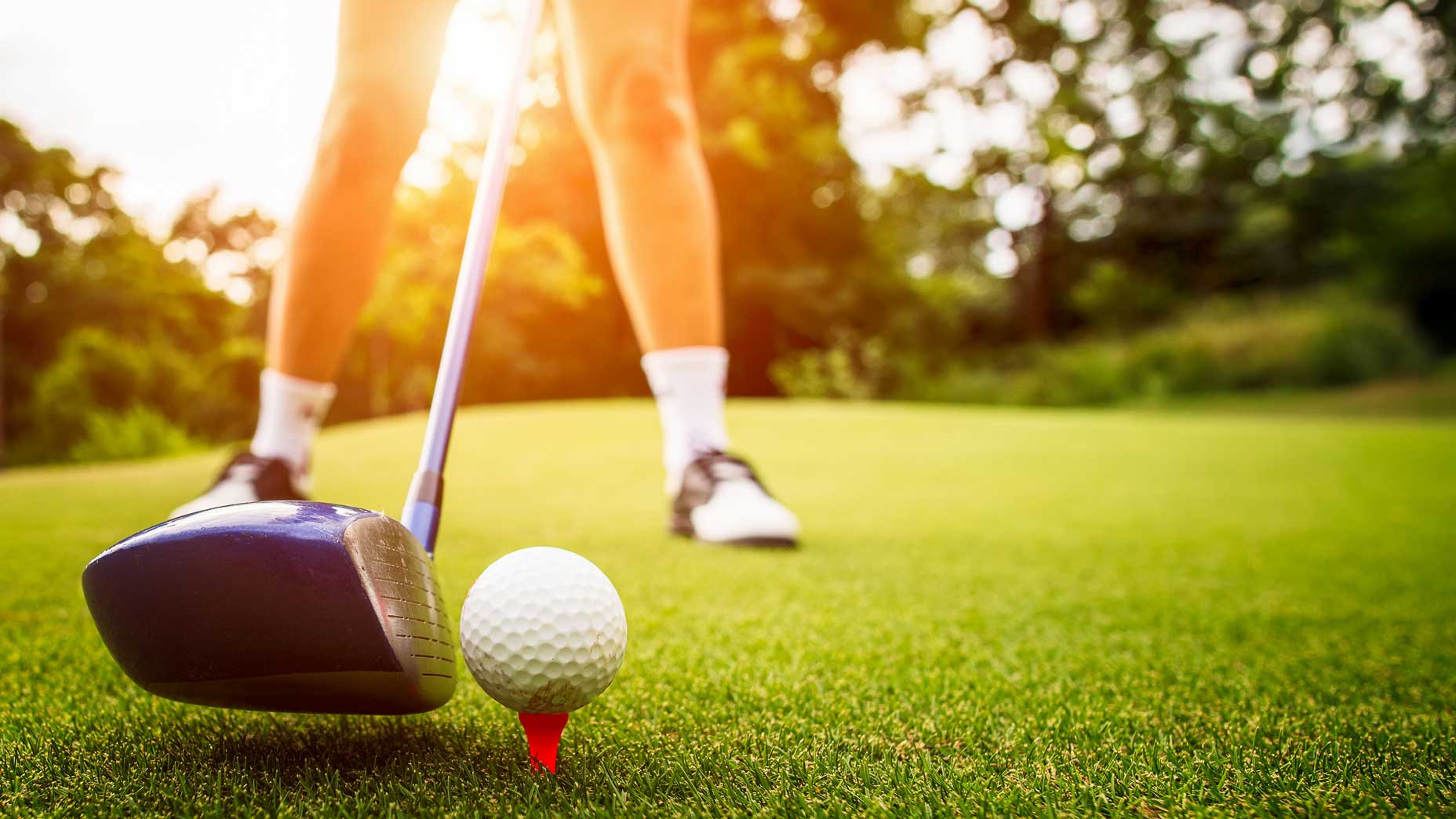 golf ball teed up with golf club behind it