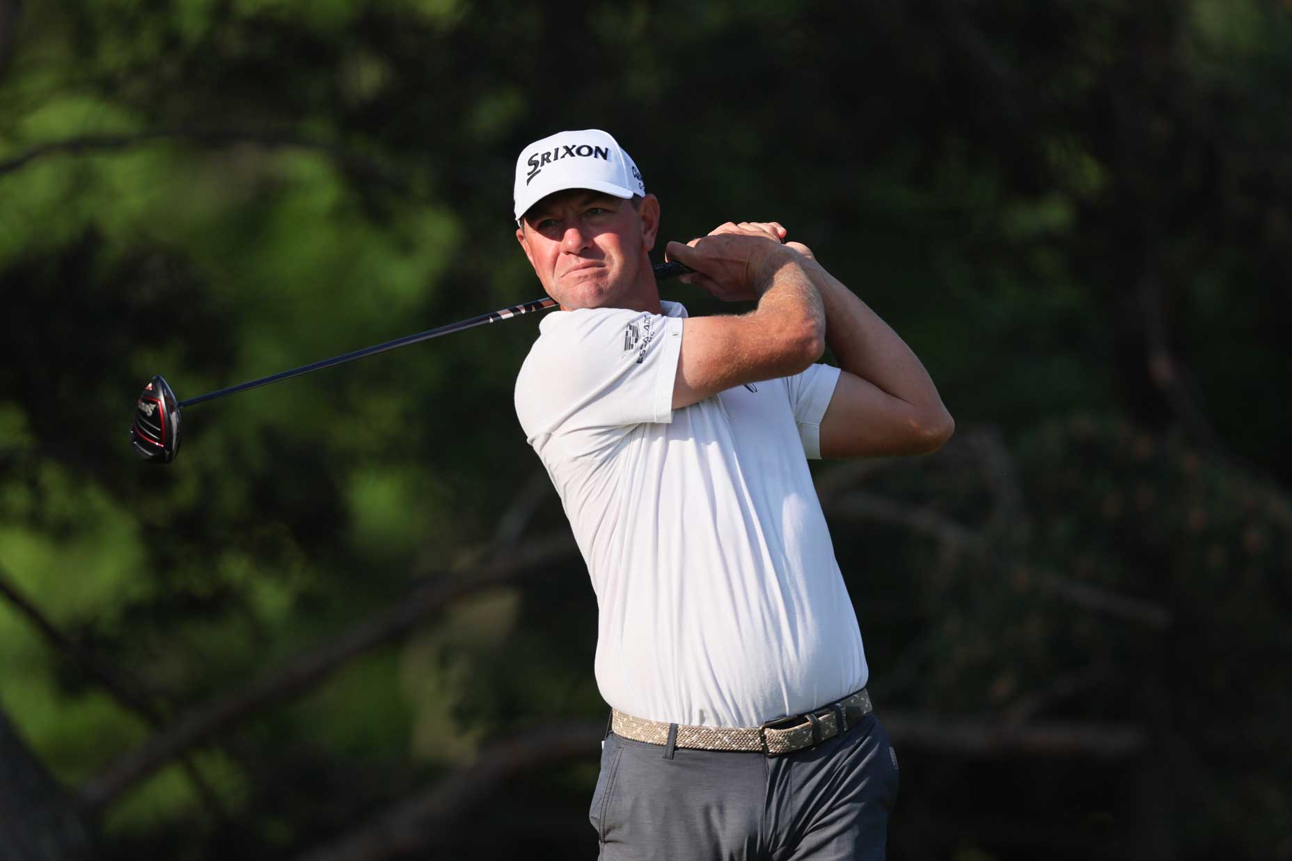 Lucas Glover of the United States hits a tee shot on the second hole during the first round of the Memorial Tournament presented by Workday at Muirfield Village Golf Club on June 01, 2023 in Dublin, Ohio.